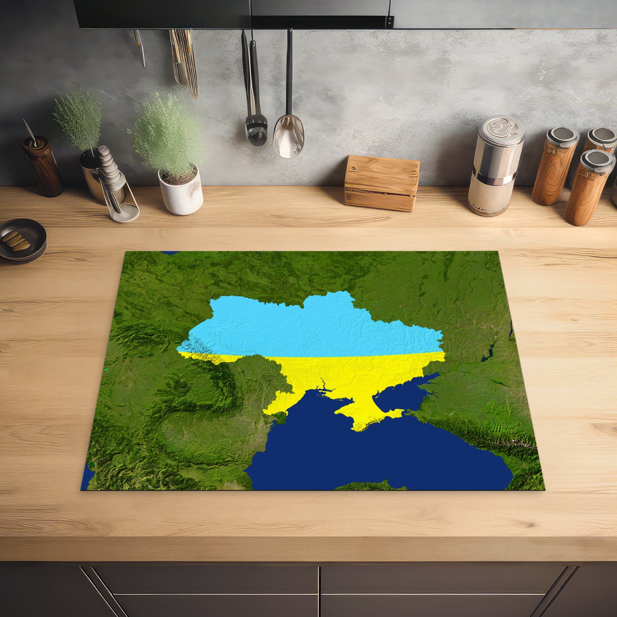 MuchoWow Herdblende-/Abdeckplatte Satellitenbild der Ukraine Induktionskochfeld Ceranfeldabdeckung mit Vinyl, für küche, (1 Schutz tlg), cm, 71x52 Flagge, die der