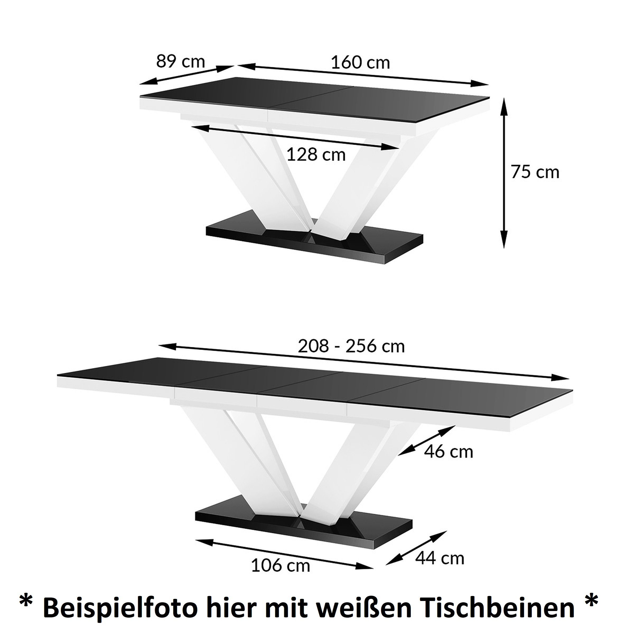 Esstisch 160 Hochglanz Design designimpex cm HEU-111 Tisch 256 ausziehbar Schwarz bis