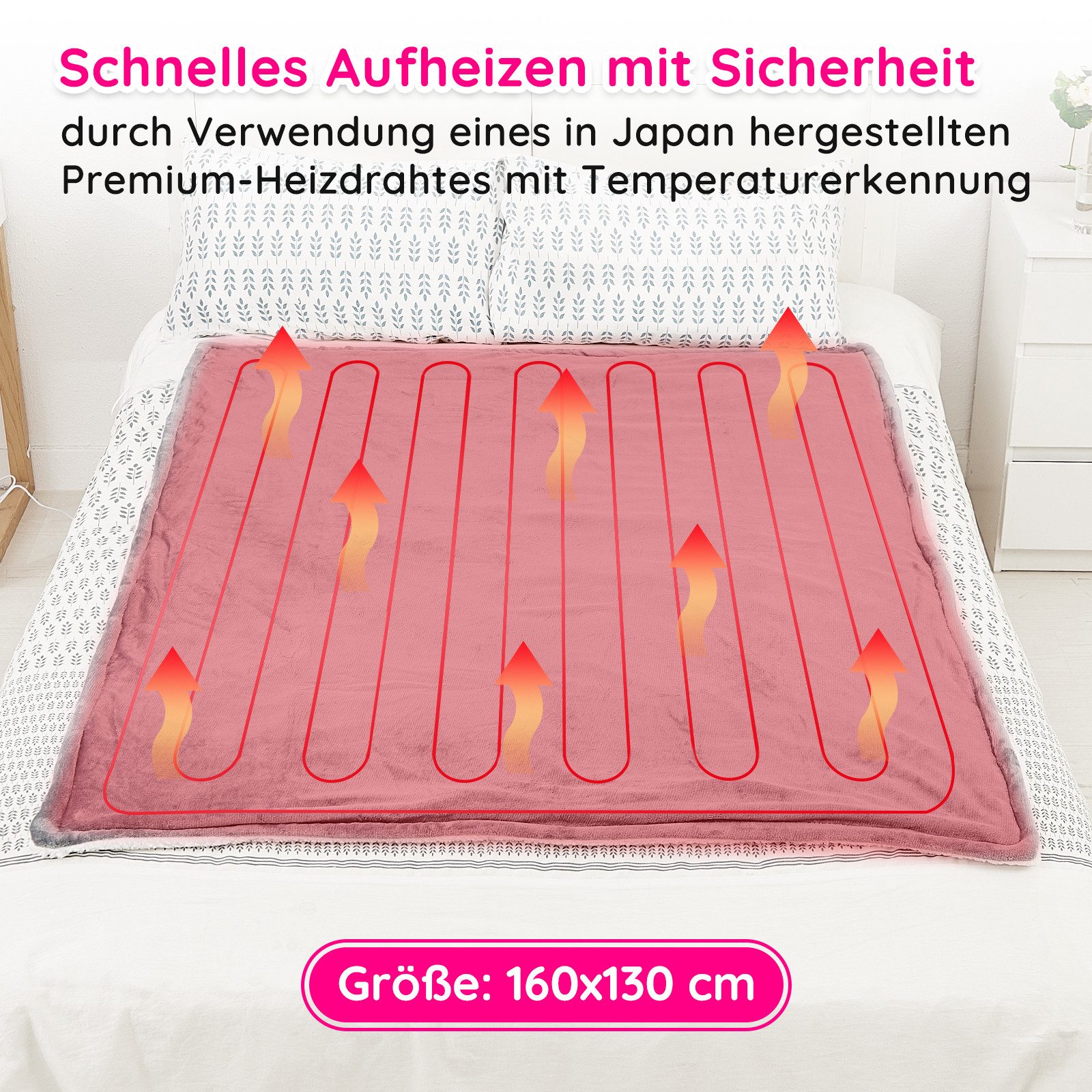 Mia&Coco Heizmatten Heizdecke mit Abschaltautomatik, 10 Heizstufen Up-to-9 Stunden, Auto-Off-Timer Überhitzungsschutz, Elektrische Wärmedecke Bett Wärme Decke ETL-Zertifiziert