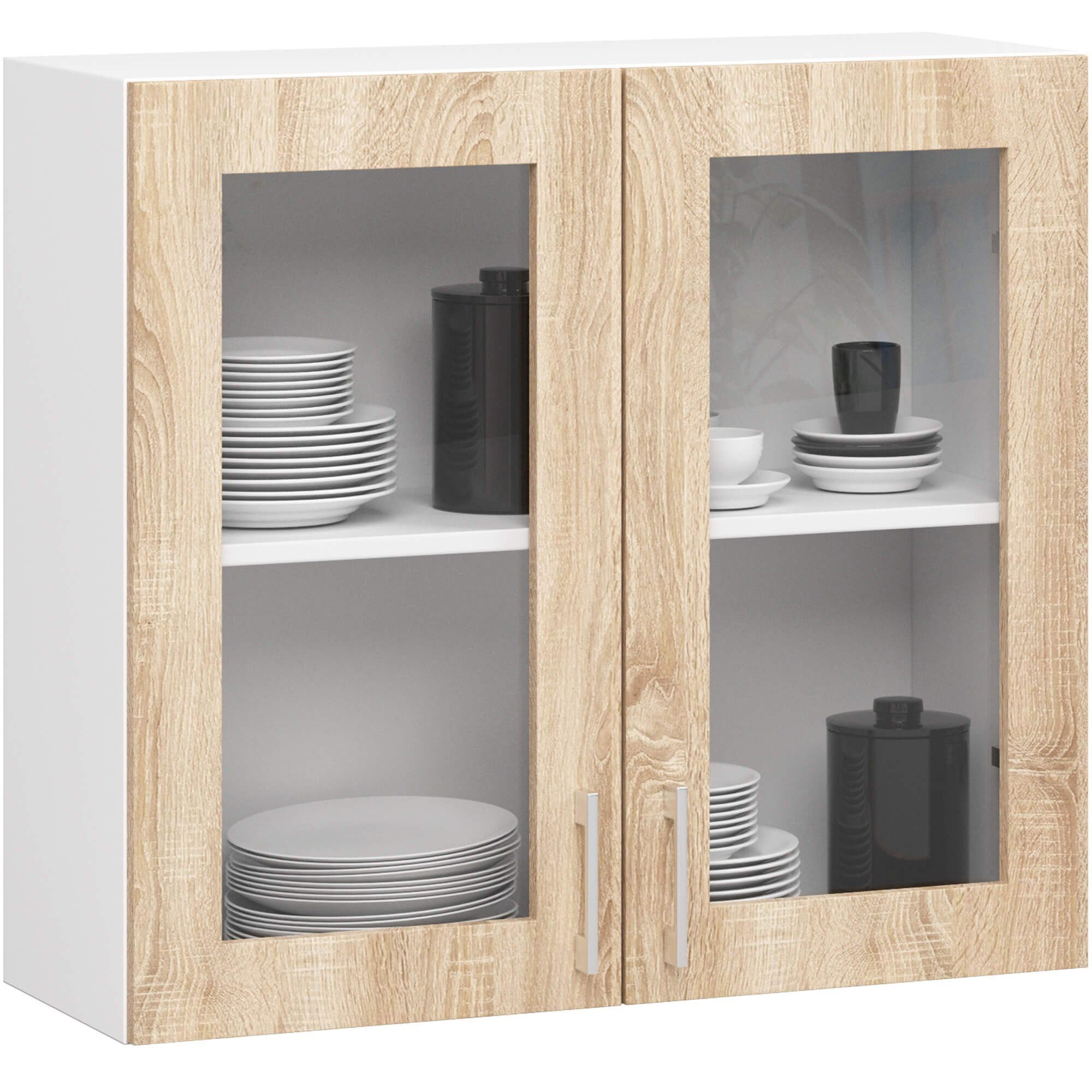 Raumhirsch Furniture Hängeschrank Eleganter Hängeschrank Küche - Funktionaler Wandschrank - Oberschrank Hochglanz weiß & Eiche-Dekor, 2 Türen, Soft-Close, 80 × 72 × 31 cm