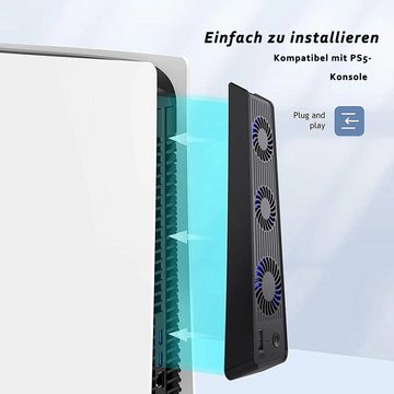 KINSI PS5 Mainframe-Kühlgebläse, PS5 Cooling Lüfter, mit externem, 2 Stück PlayStation-Controller (USB-Anschluss und 3 Ventilatoren, Temperaturkontrolle für PS5, Schwarz)