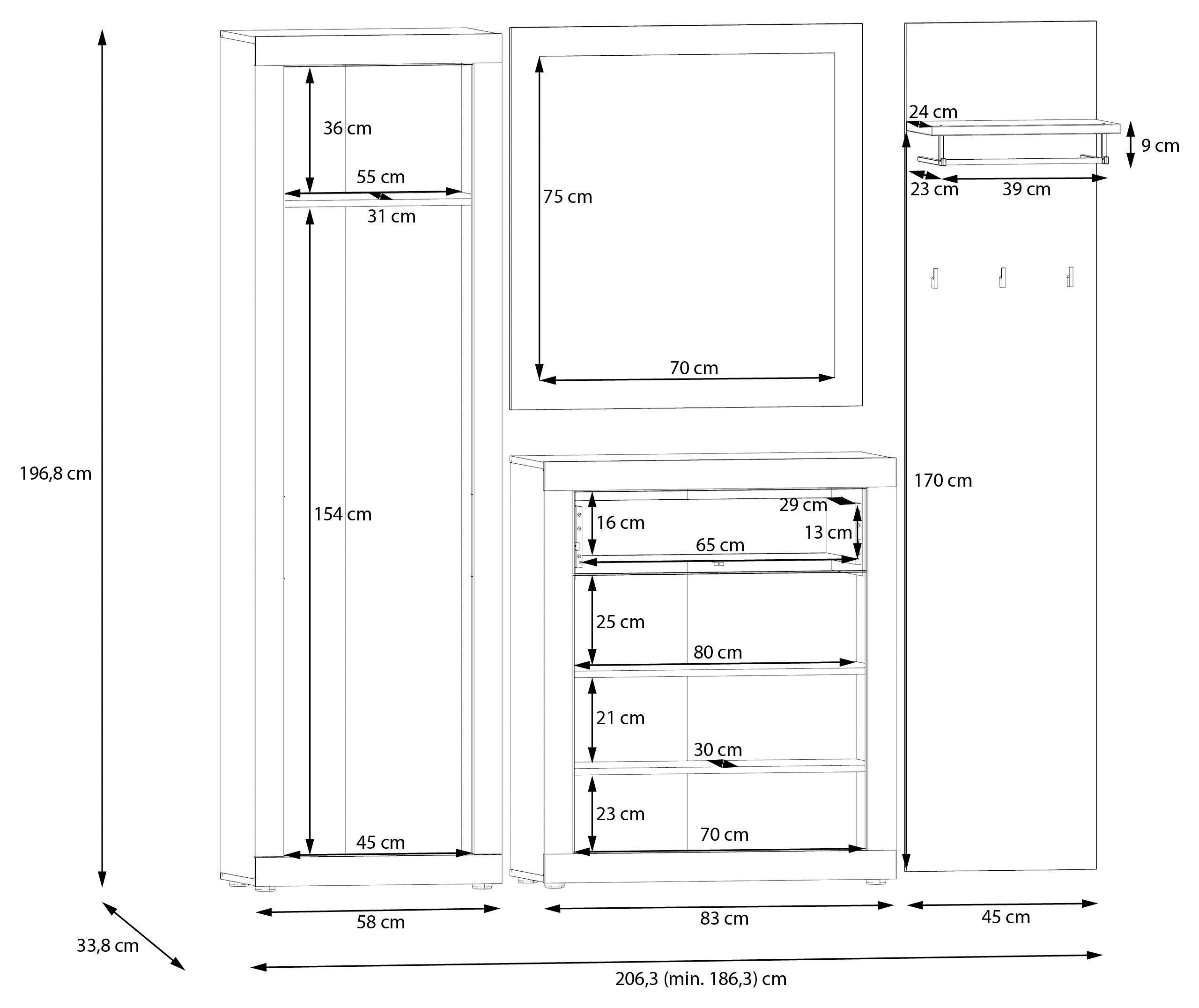 FORTE Garderobenpaneel Baccio (Kombinierbar mit 14164136, 27097631, 93072840), Panell, Kleiderstange, Haken, Kleine Flure