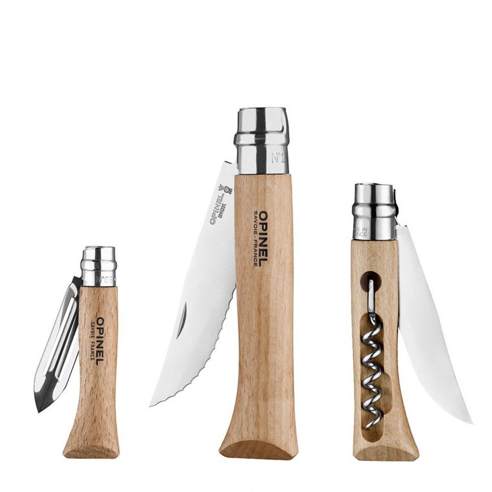 Opinel Taschenmesser, (je 1 Opinel Messer No. 6, 10 und 12, Buchenholzgriffe, Schneidbrett), Opinel Outdoor Set, 3 Messer + Schneidbrett