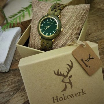 Holzwerk Quarzuhr USLAR kleine Damen Edelstahl & Holz Armband Uhr, oliv grün, gold