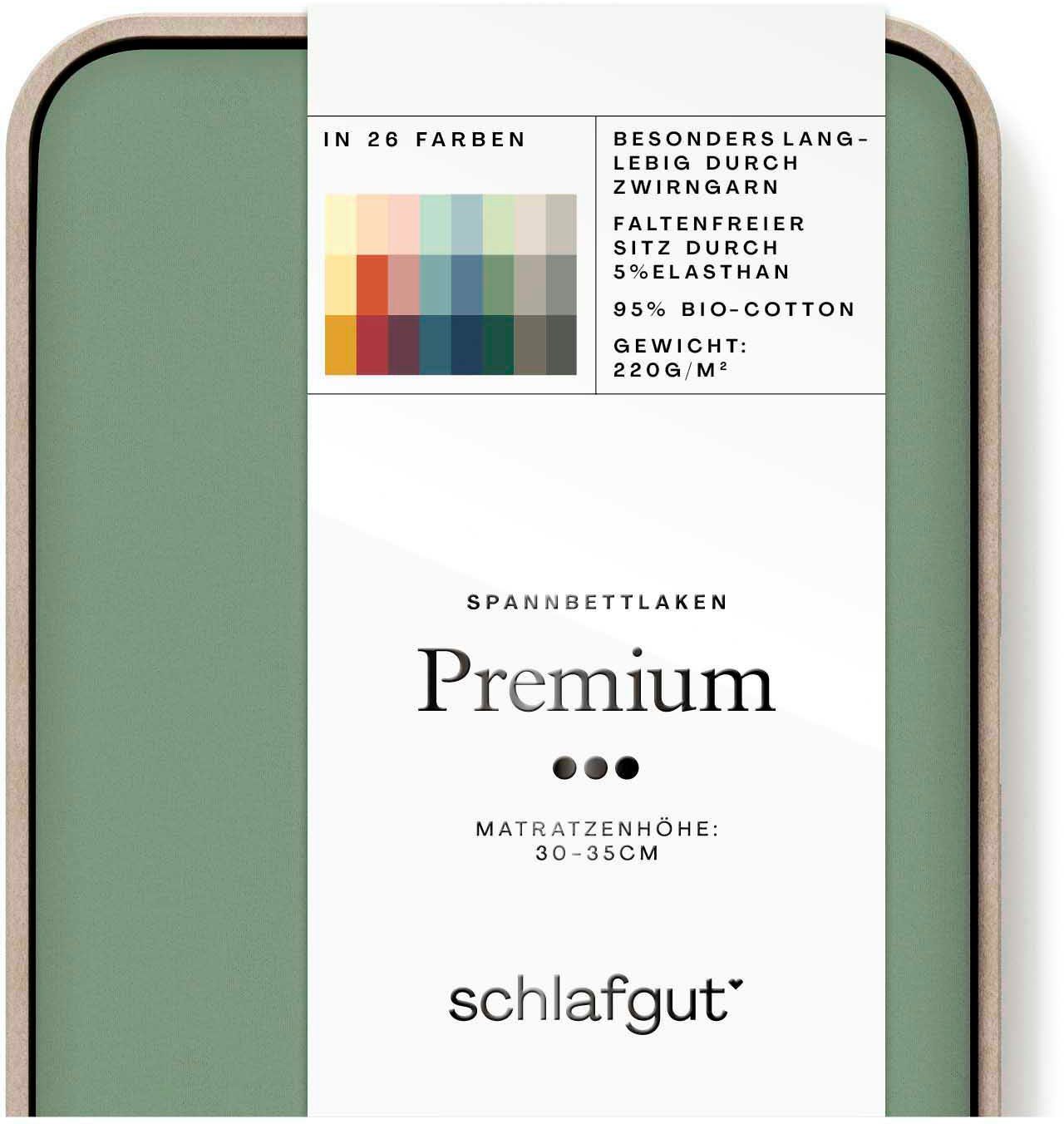 Schlafgut Spannbettlaken PREMIUM Mako-Zwirn-Jersey, 220 g/m², 95% Bio-Baumwolle, 5% Elasthan, Mako-Zwirn-Jersey, Gummizug: rundum, (1 Stück), Bettlaken bis 30 cm Höhe, PREMIUM-Qualität langlebig, perfekter Sitz