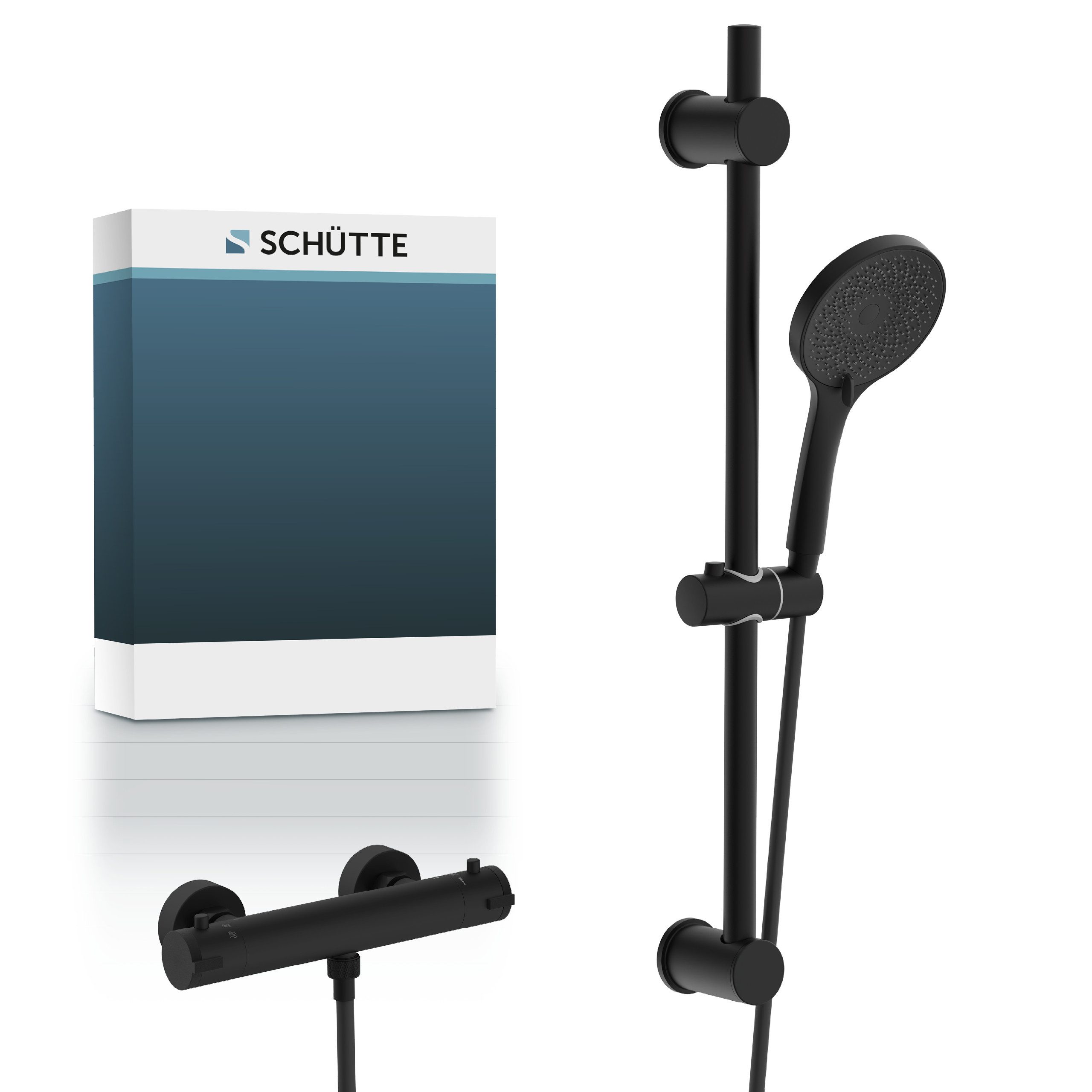 Schütte Duschsystem BLACK, Höhe 70 cm, 3 Strahlart(en), Überkopfbrauseset mit Thermostat, höhenverstellbar