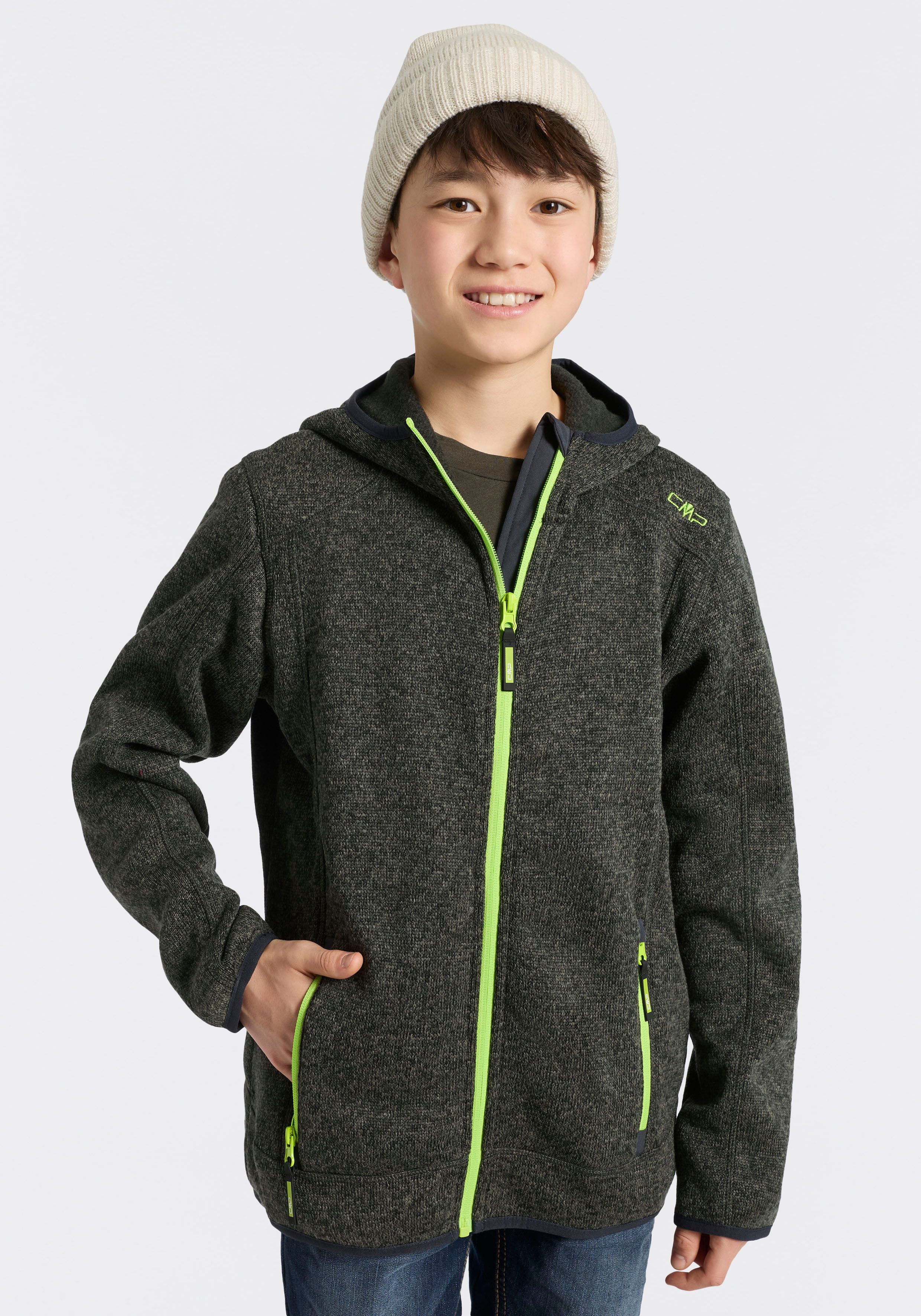 CMP Strickfleecejacke KID JACKET FIXED HOOD wasserabweisend, windabweisend, mit Kapuze, wärmeisolierend