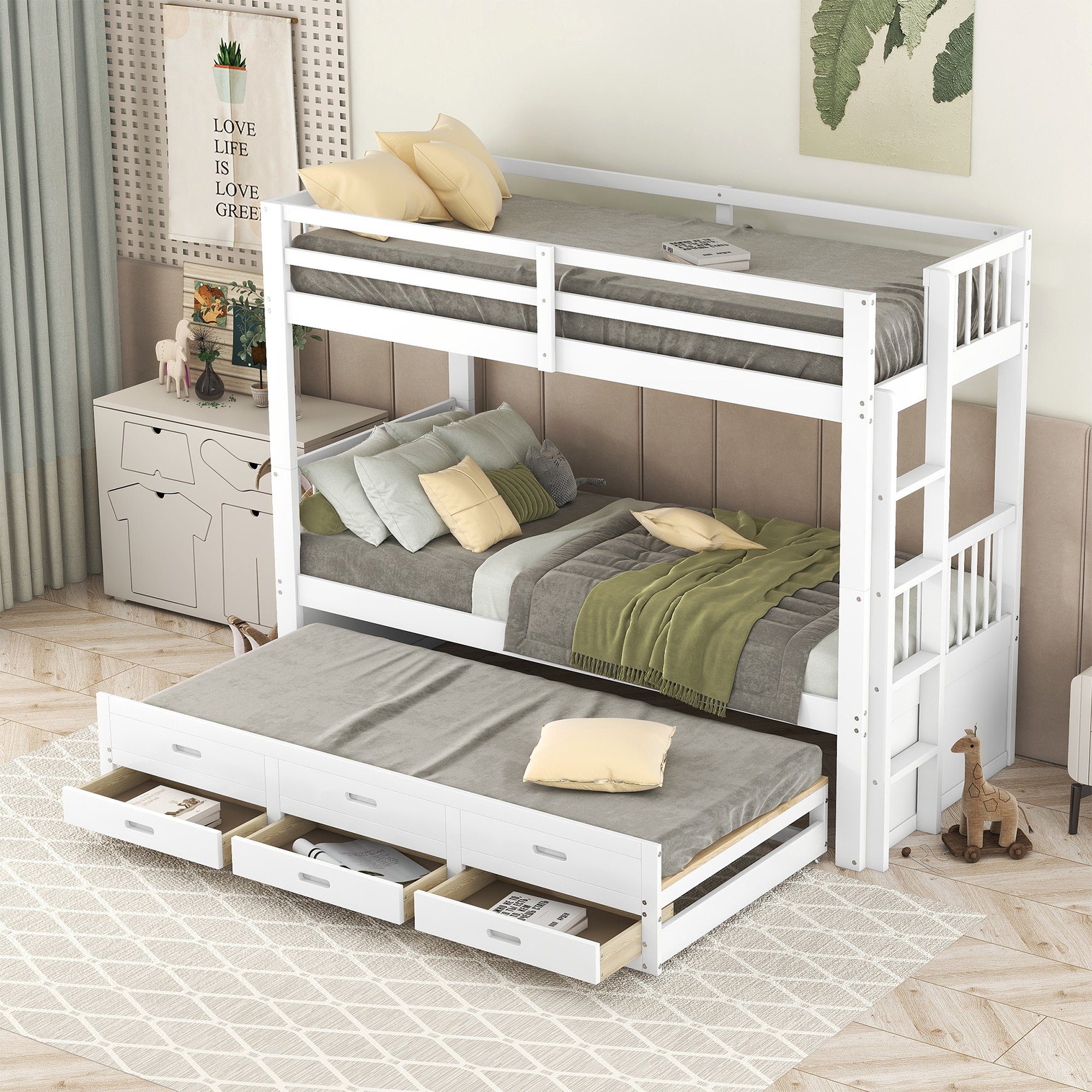 SOFTWEARY Etagenbett mit 3 Schlafgelegenheiten und Lattenrost (90x200 cm), umbaufähig zu 2 Einzelbetten, Kinderbett, Kiefer weiß