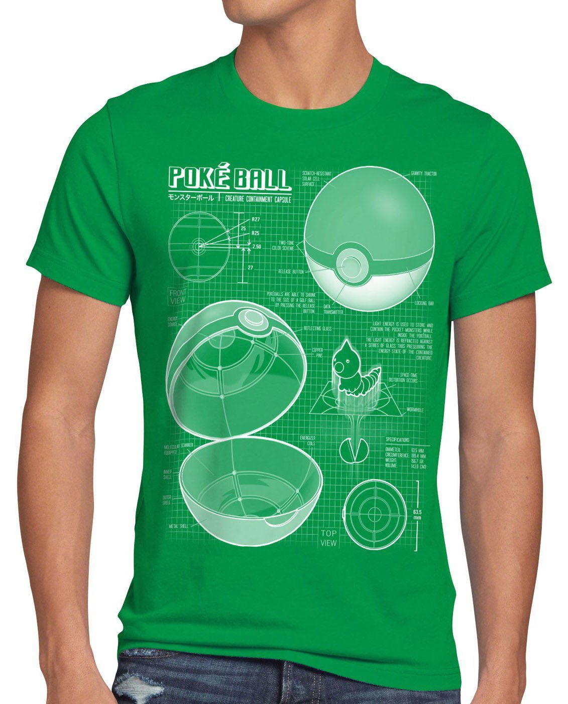 style3 Print-Shirt Herren T-Shirt Pokéball Blaupause monster spiel online grün