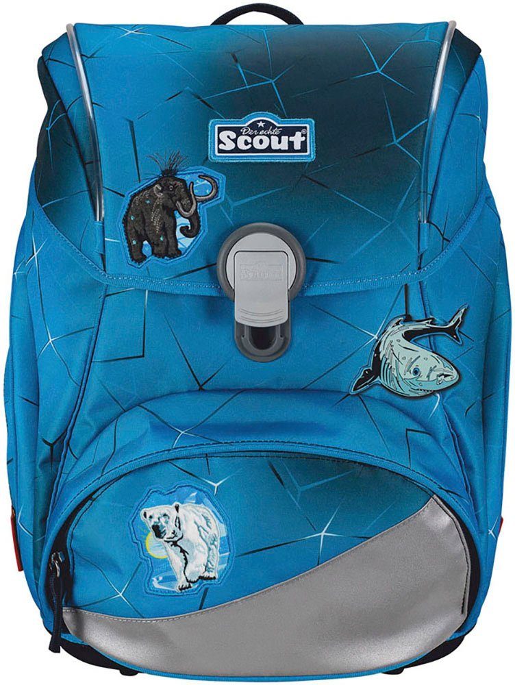 Scout Schulranzen Alpha Safety Light, mit LED-Lichtleiter, Polar Blue (Set, 4-tlg), mit Powerbank; enthält recyceltes Material