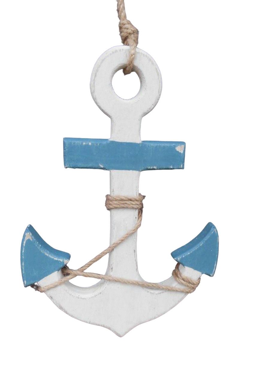 Hängedekoration Maritime Deko Anker a. Holz m. Seil blau-weiss Meer Küste 23 cm