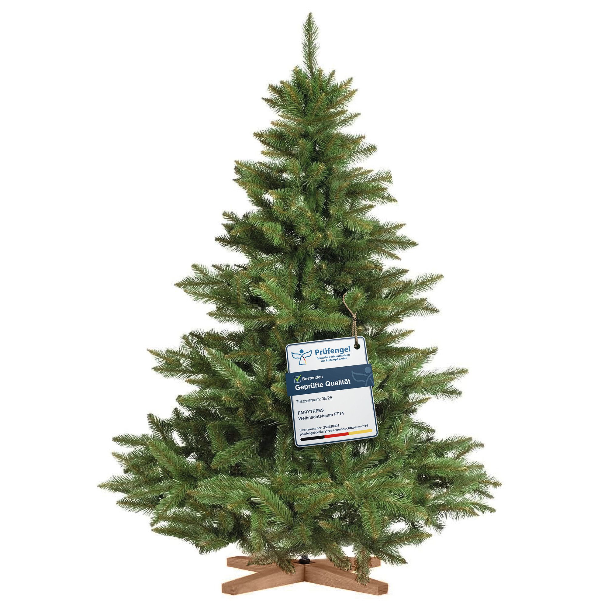 Fairytrees Künstlicher Weihnachtsbaum FT14, Nordmanntanne, grüner Stamm, mit Echtholz Baumständer