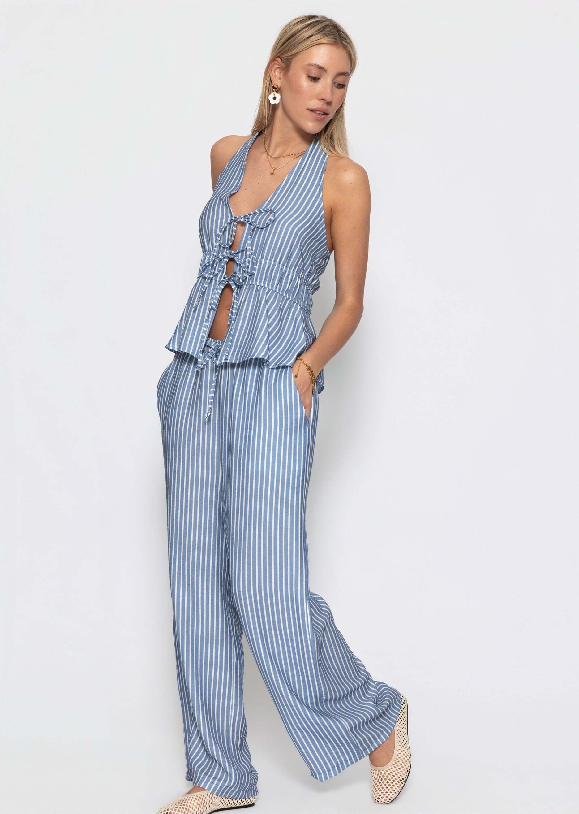 SASSYCLASSY Stoffhose Wide Leg Hose mit Streifen und Bindeband Damen Fließende Stoffhose mit Eingriffstaschen in High Waist Sitz Blau