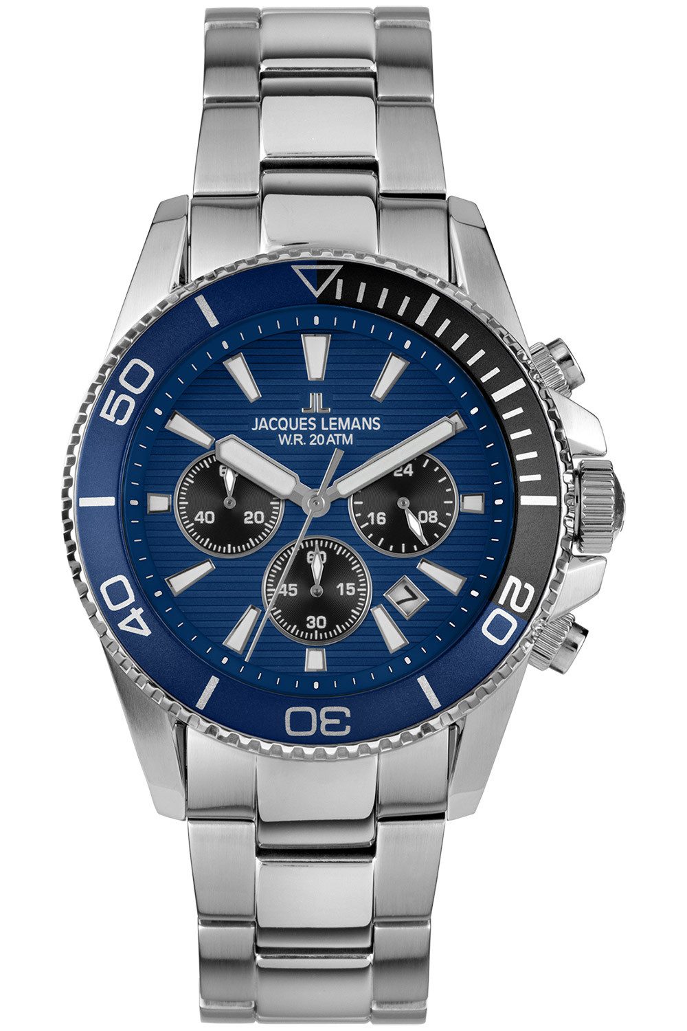 Jacques Lemans Taucheruhr 1-2206H, Herrenuhr für Taucher Chronograph Edelstahl/Blau