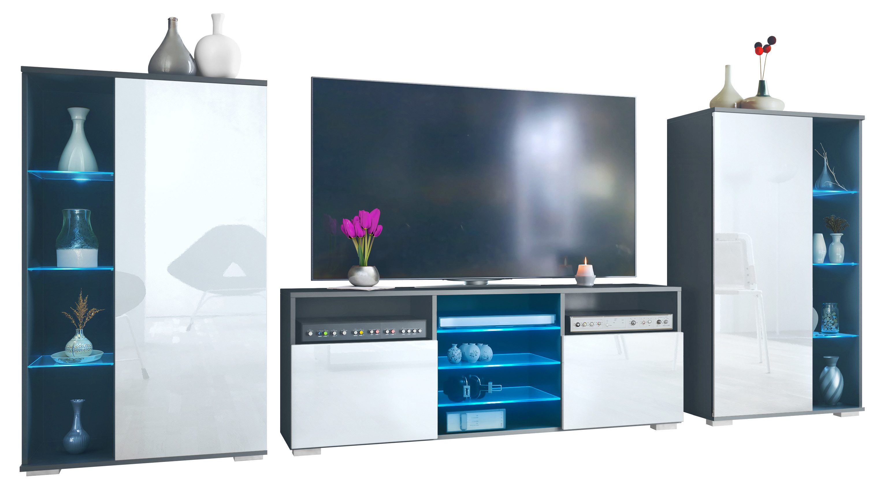 Vladon Wohnwand Davos, (Anbauwand, bestehend aus 2 Vitrinen, 1 TV-Board und LED-Beleuchtung), Anthrazit matt/Weiß Hochglanz (329 x 134 x 35 cm)