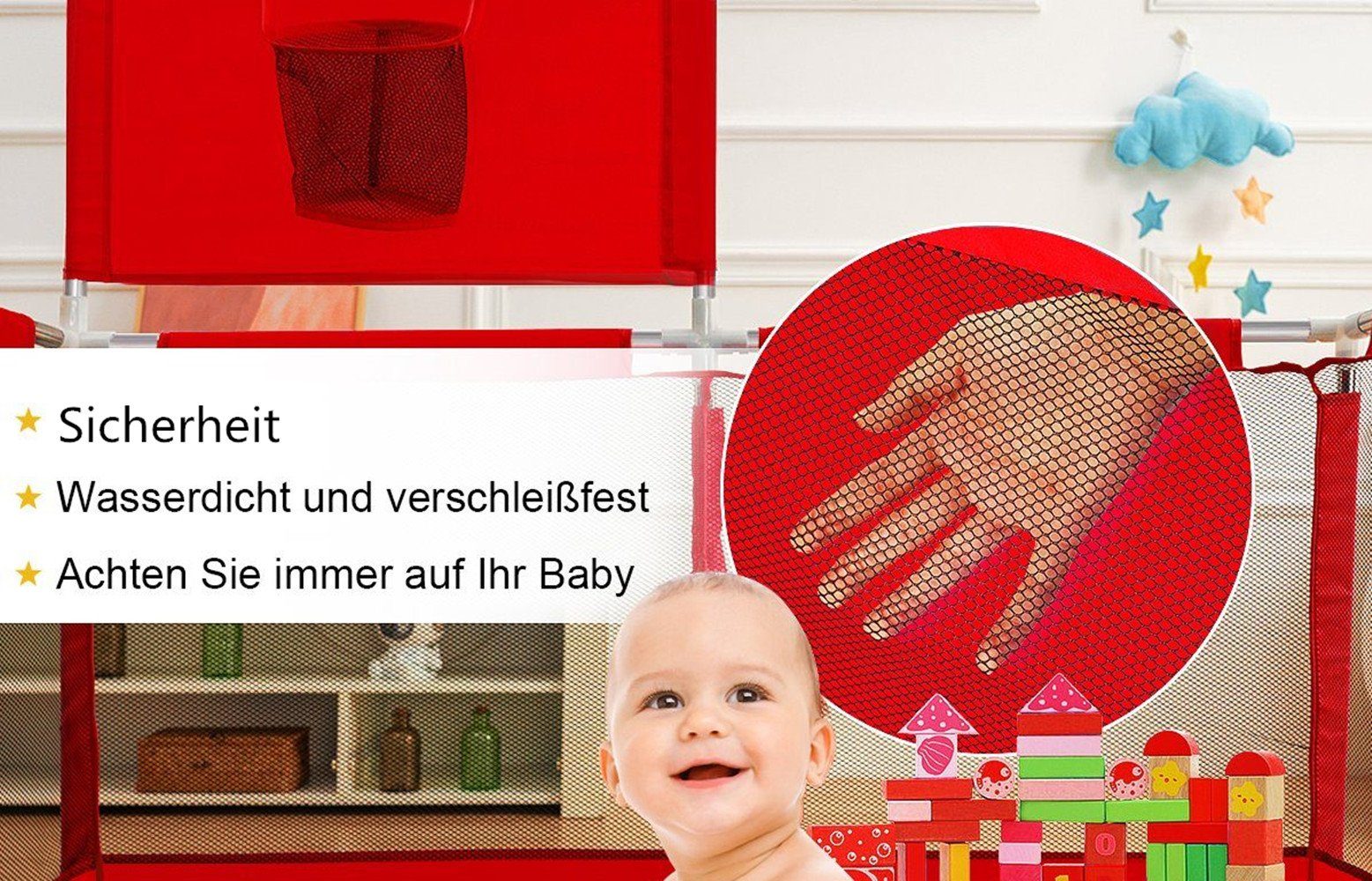 Comomy Laufgitter (Baby Krabbelgitter, 1-tlg), mit Basketball-Netz 128x66cm