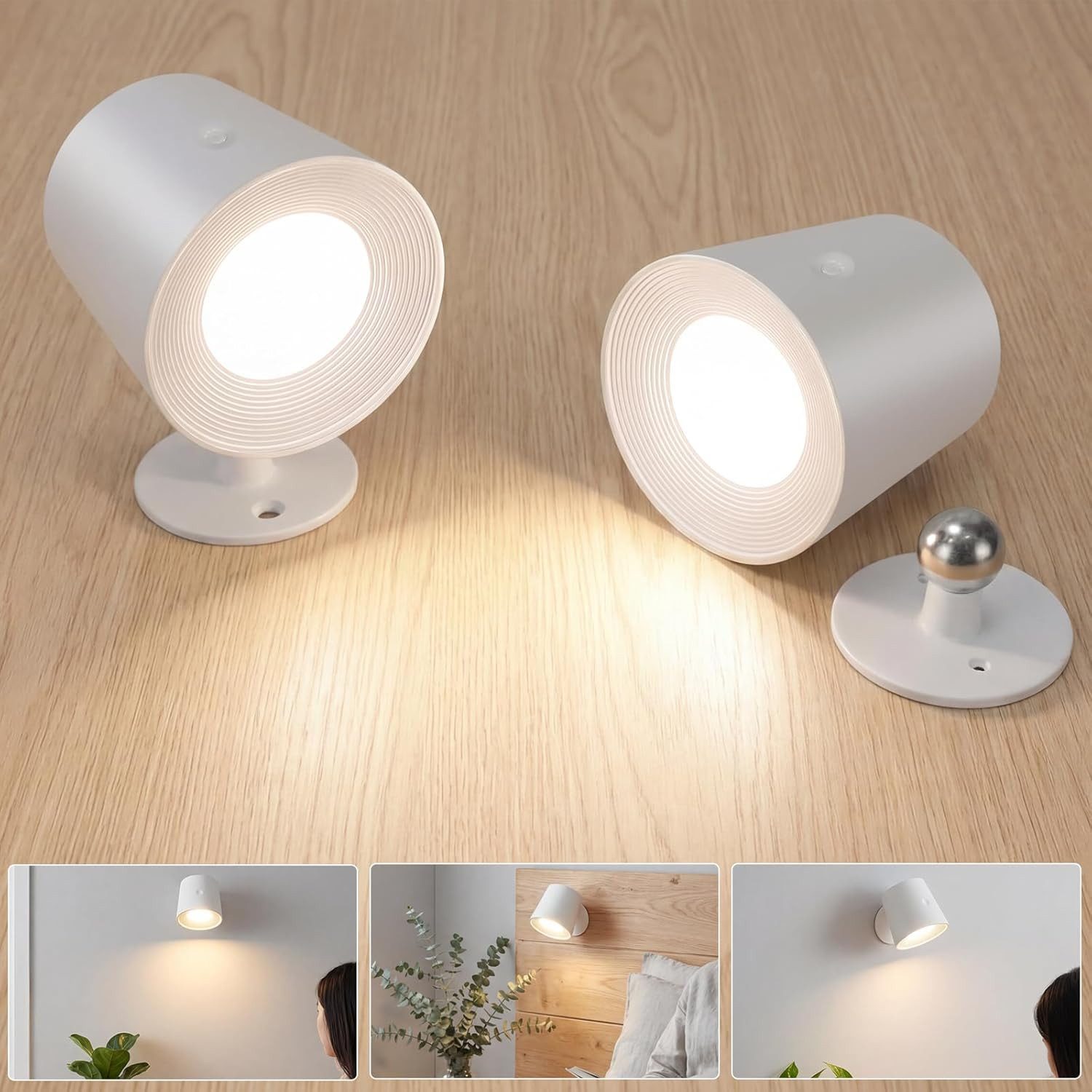 ZMH LED Wandleuchte Leselampe 360° Drehbar Wandlampe 3 Helligkeitsstufen Weiß, Augenschutz, LED fest integriert, Warmweiß-Neutralweiß-Kaltweiß, Touch Control Kabellose Wandleuchten Wohnzimmer Schlafzimmer