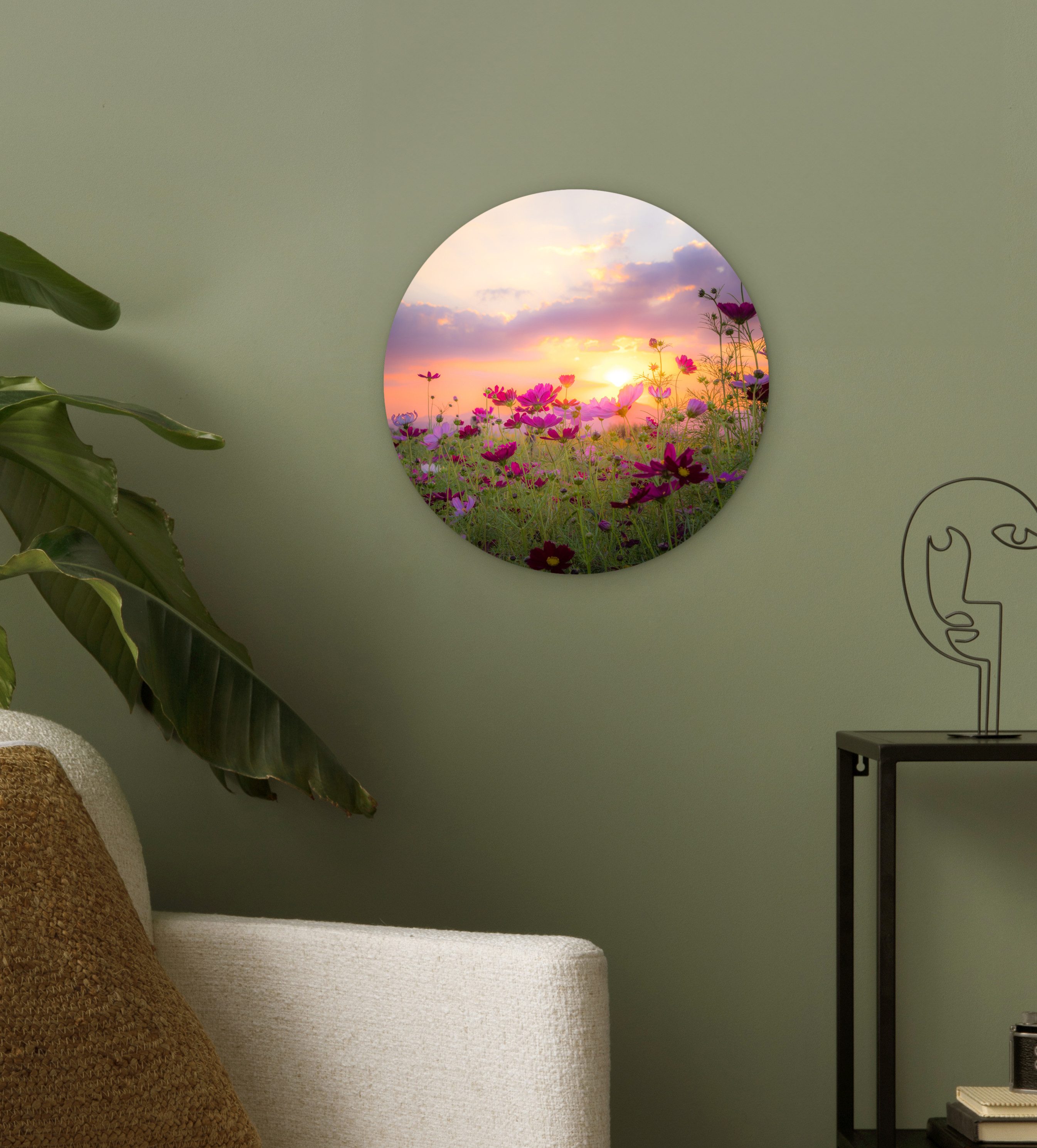 MuchoWow Gemälde Blumen - Rosa - Sonnenuntergang - Natur - Wiese - Horizont, Fotodruck (1 St), Kreis Wanddekoration, Rundes Wandbild, 30x30 cm
