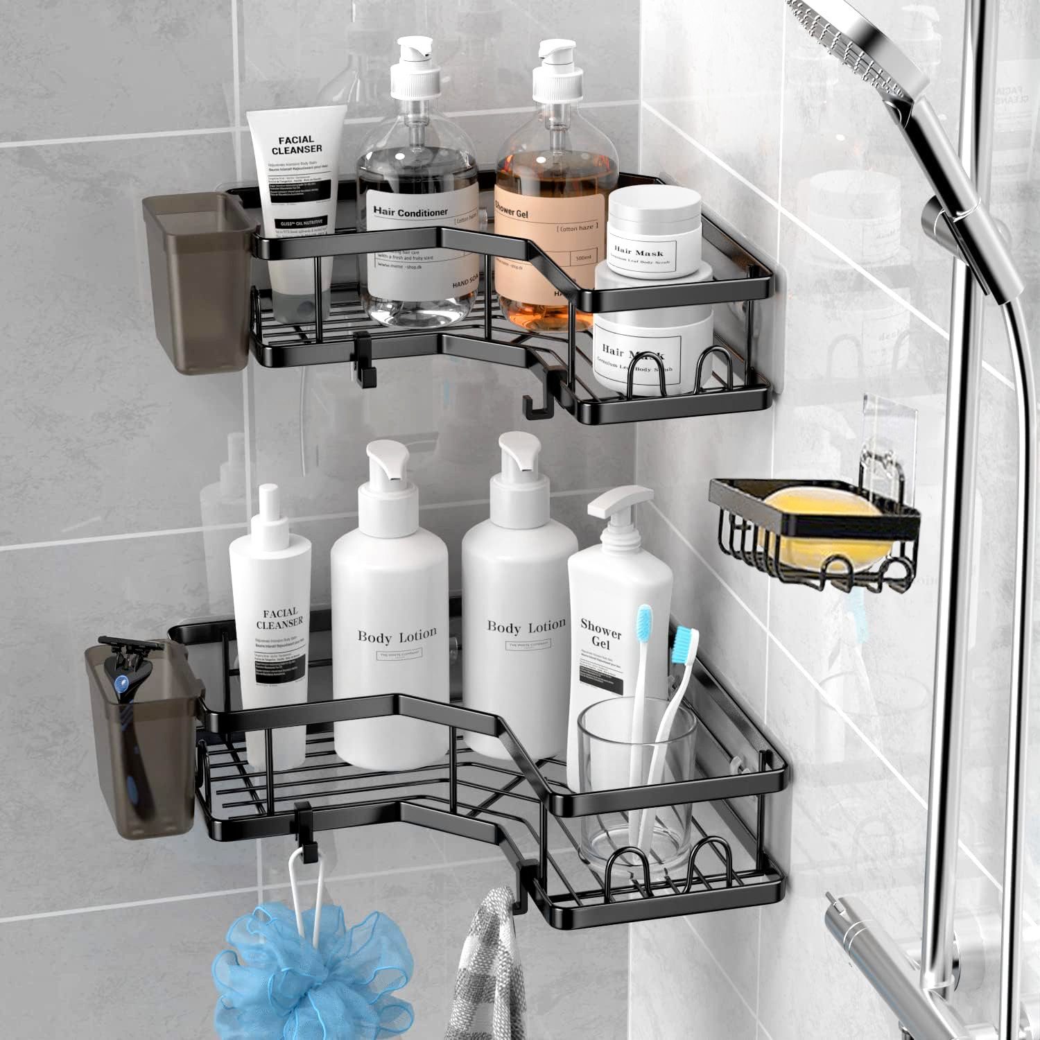 Fine Life Pro Duschablage ohne Bohren Rostfrei Schwarz Duschregal mit 4 Haken, 2-tlg., für Bad Küche Toilette,Badezimmer Regal Organizer – Bild 4 von 5