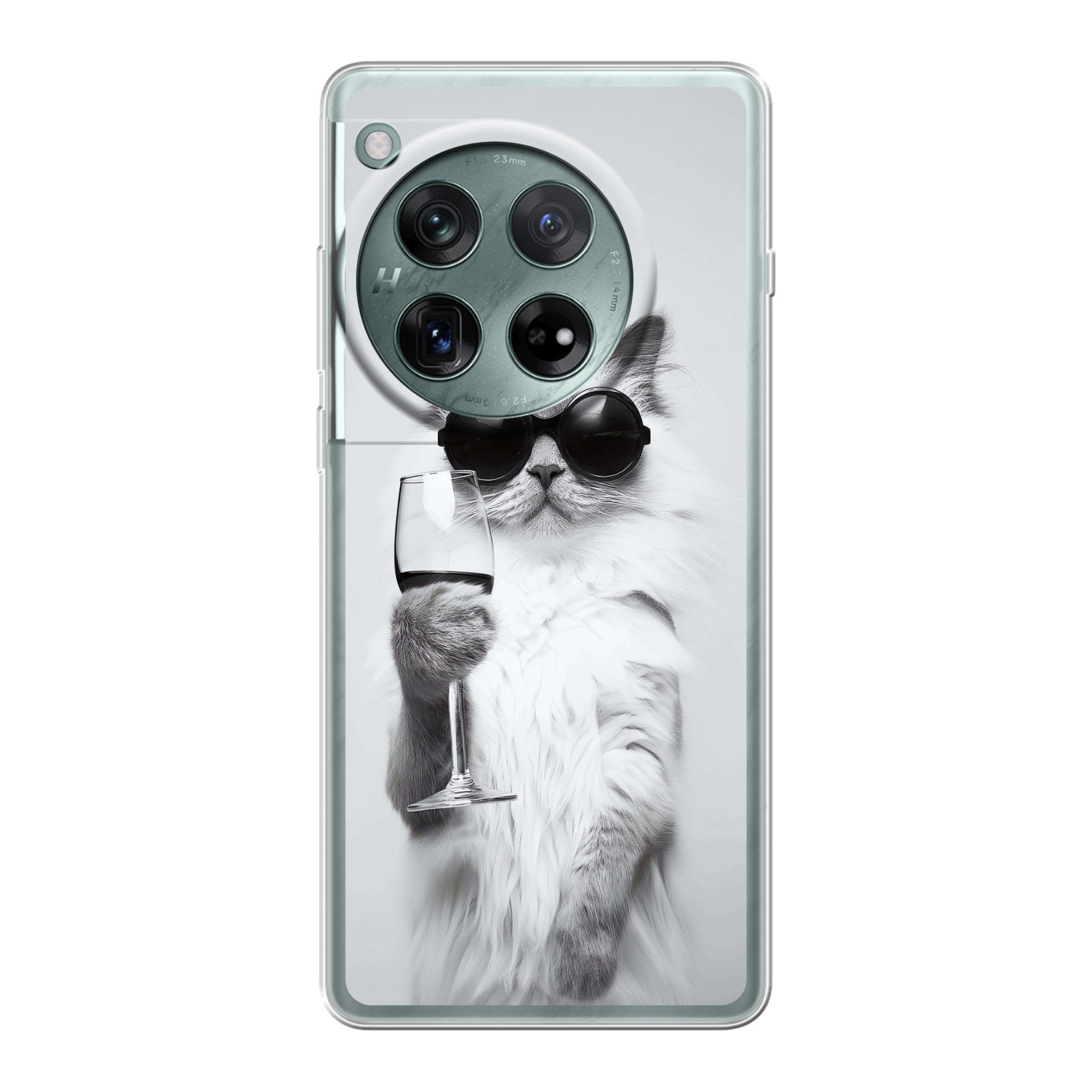 MuchoWow Handyhülle für OnePlus 12 Katze - Sonnenbrille - Weinglas - Langhaarig, Handy Case, Silikon, Bumper Case Dünn