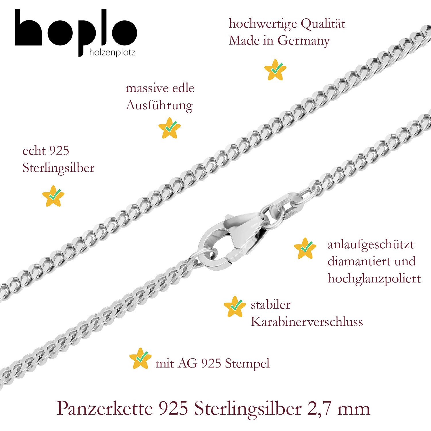 HOPLO Panzerkette Silberkette Panzerkette Länge 45cm - Breite 2,7mm - 925 Silber, Made in Germany – Bild 3 von 5