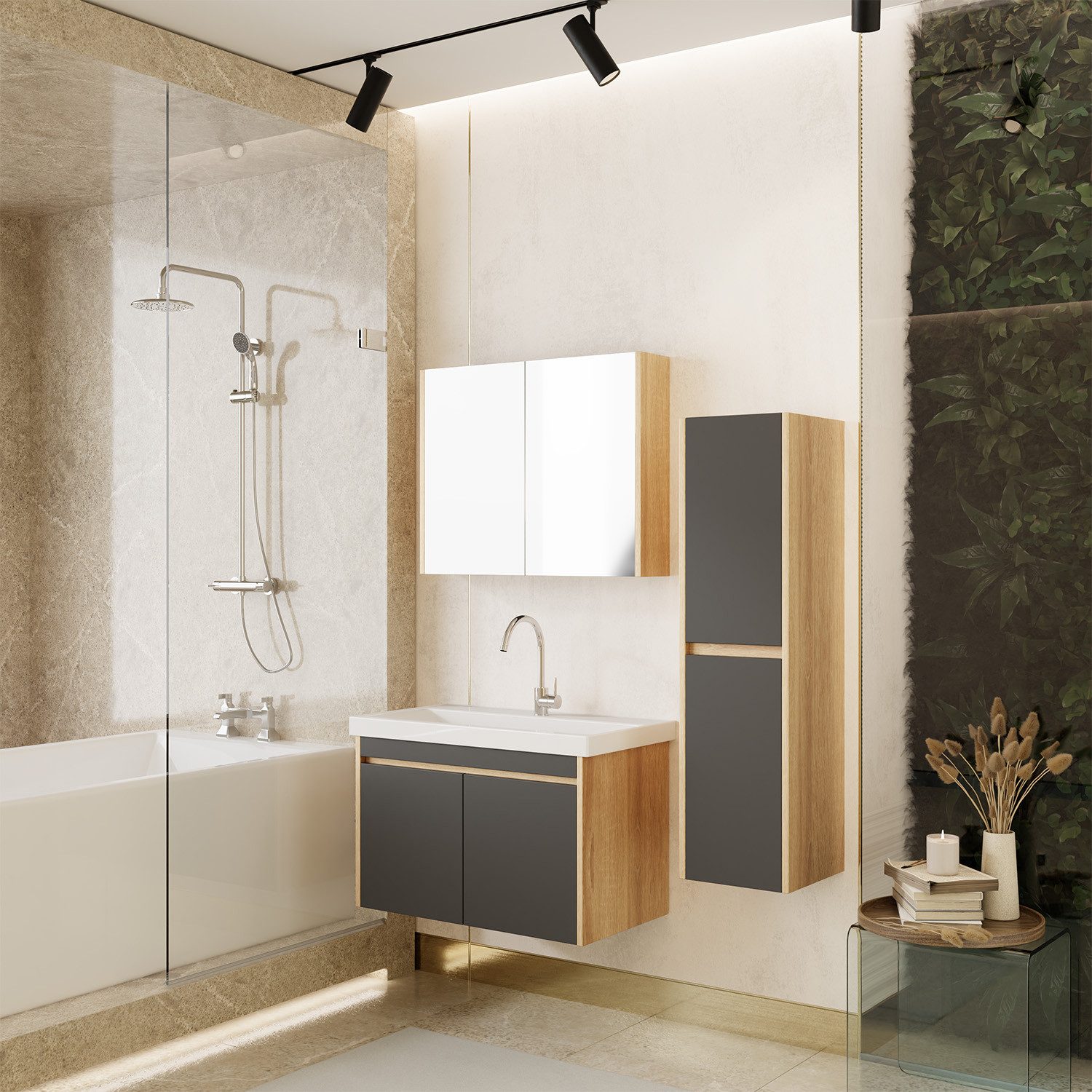 Karen Bathroom Furniture Set Dallas 4-Piece Complete Set (4-piece complete set with vanity unit, mirrored cabinet, sink & tall cabinet, 4 pieces, sink, vanity unit, cabinet with mirror, tall cabinet), Natural design, tall cabinet included, Soft-close, Space-saving