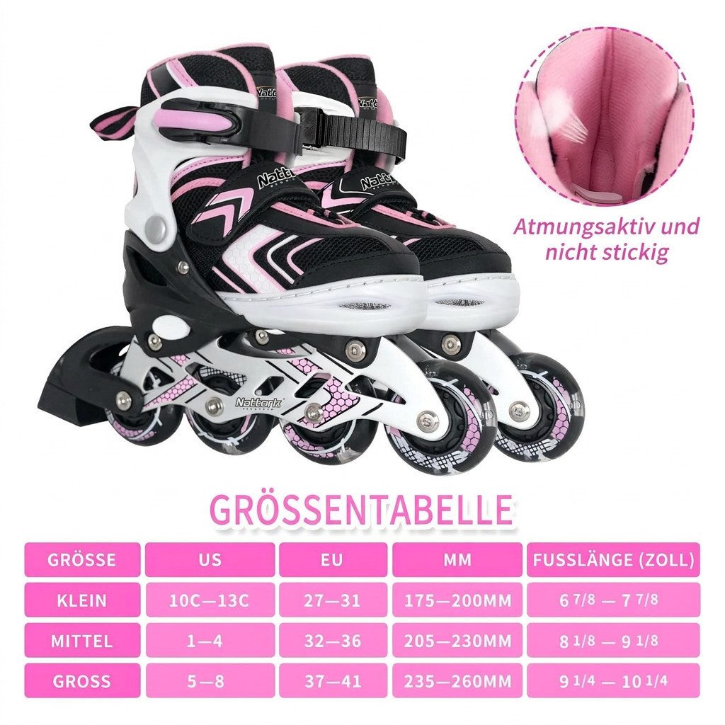 Nattork Inlineskates für Kinder, verstellbar in 4 Größen, ideal für Anfänger, Leuchtende Inline Skates für Mädchen, 37-41 EU / 235-260 mm