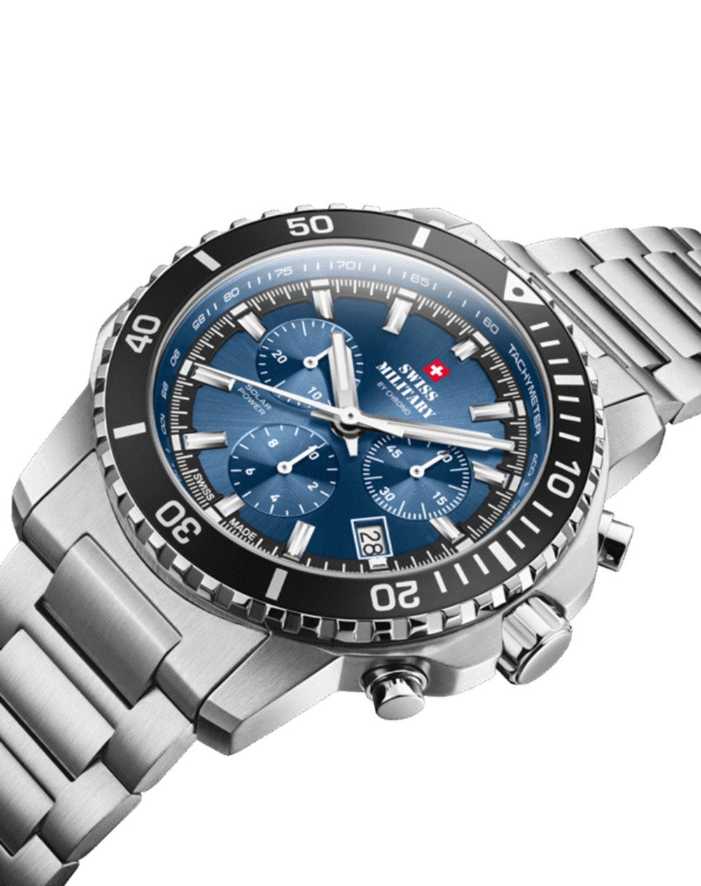 Swiss Military by Chrono Chronograph Solaruhren Schweizer Sportuhren wasserdicht 100m SMS34113, links drehende Lünette