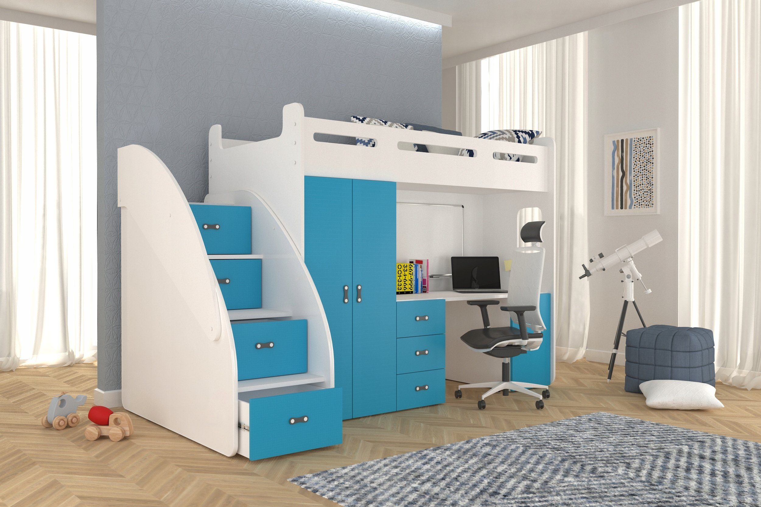 Unique Home Hochbett Hochbett ZU mit Kleiderschrank Farbe Weiß/Blau Schreibtisch, PL wählbar Matratze