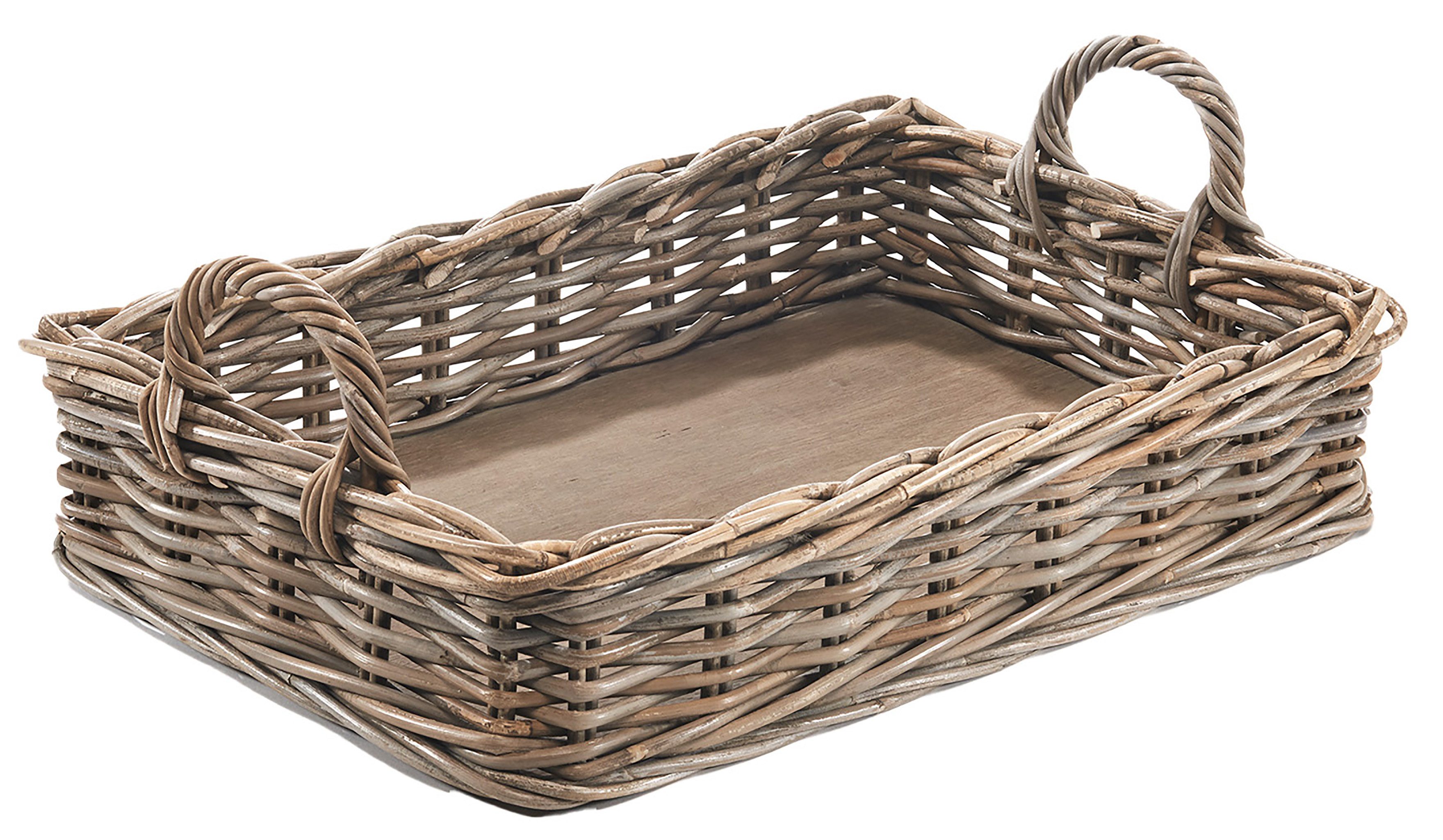 Kobolo Tablett Dekotablett Serviertablett aus Rattan kubu grey, Serviertablett Holzt, Holz, (Stück, 1-tlg., Stück), mit Holzboden - 56x38x12 cm