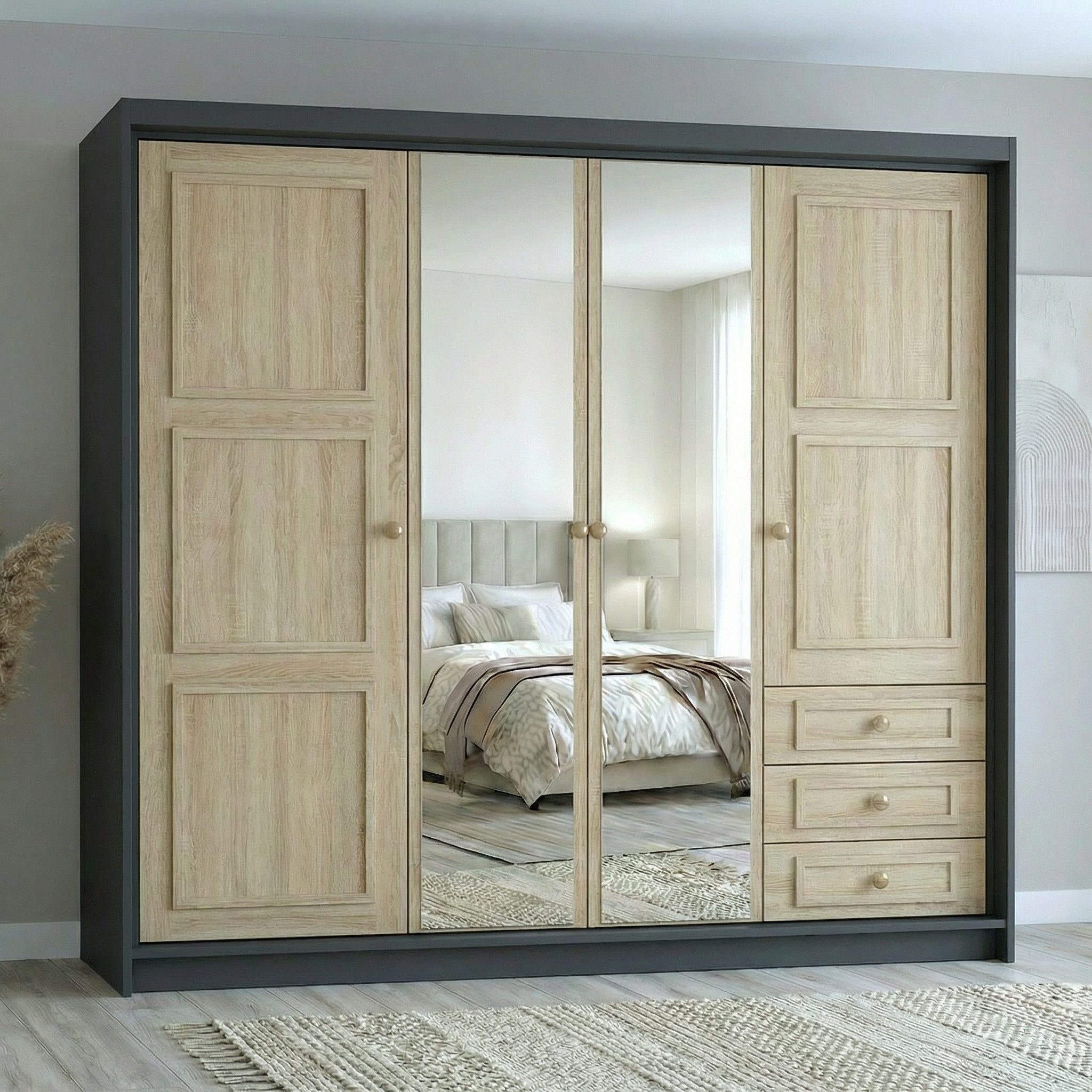 A&J MöbelLand GmbH Drehtürenschrank OSLO viertüriger Kleiderschrank mit Schubladen und Metallgriffen (Geräumiger viertüriger Kleiderschrank mit Schubladen und Metallgriffen. Geräumiger Schrank mit einer Breite von 200 cm und Schubladen, ideal zur Aufbewahrung von Kleidung und Accessoires. Viel Stauraum. TOP PRODUKT! Wählen Sie das ideale Modell für Ihr Schlafzimmer!, TOP ANGEBOT) Breite: 200 cm, Höhe: 215 cm, Tiefe: 59,5 cm