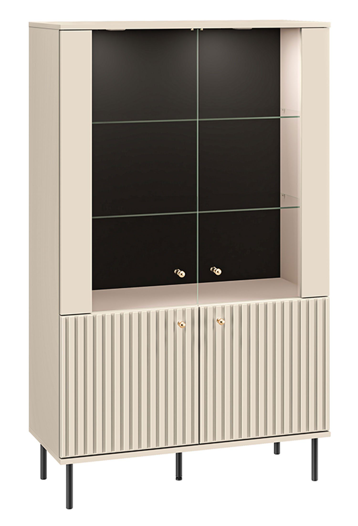 Feldmann-Wohnen Vitrine Sophie (4 Drehtüren, 2 Glaseinlegeböden, 1 Holzboden, mit Beleuchtung, 1-St., goldene Metallknopfgriffe und schwarze Metallfüße) 92x40x151cm kaschmir matt
