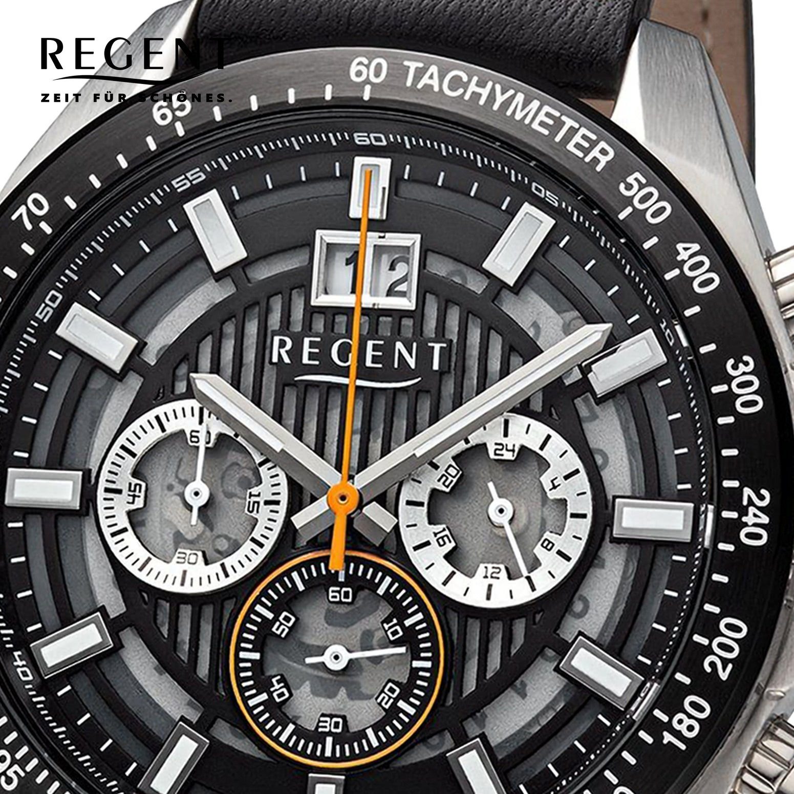 Regent Quarzuhr rund, extra (ca. groß Lederarmband Herren Regent Armbanduhr 46mm), schwarz-orange Herren Analog, Armbanduhr