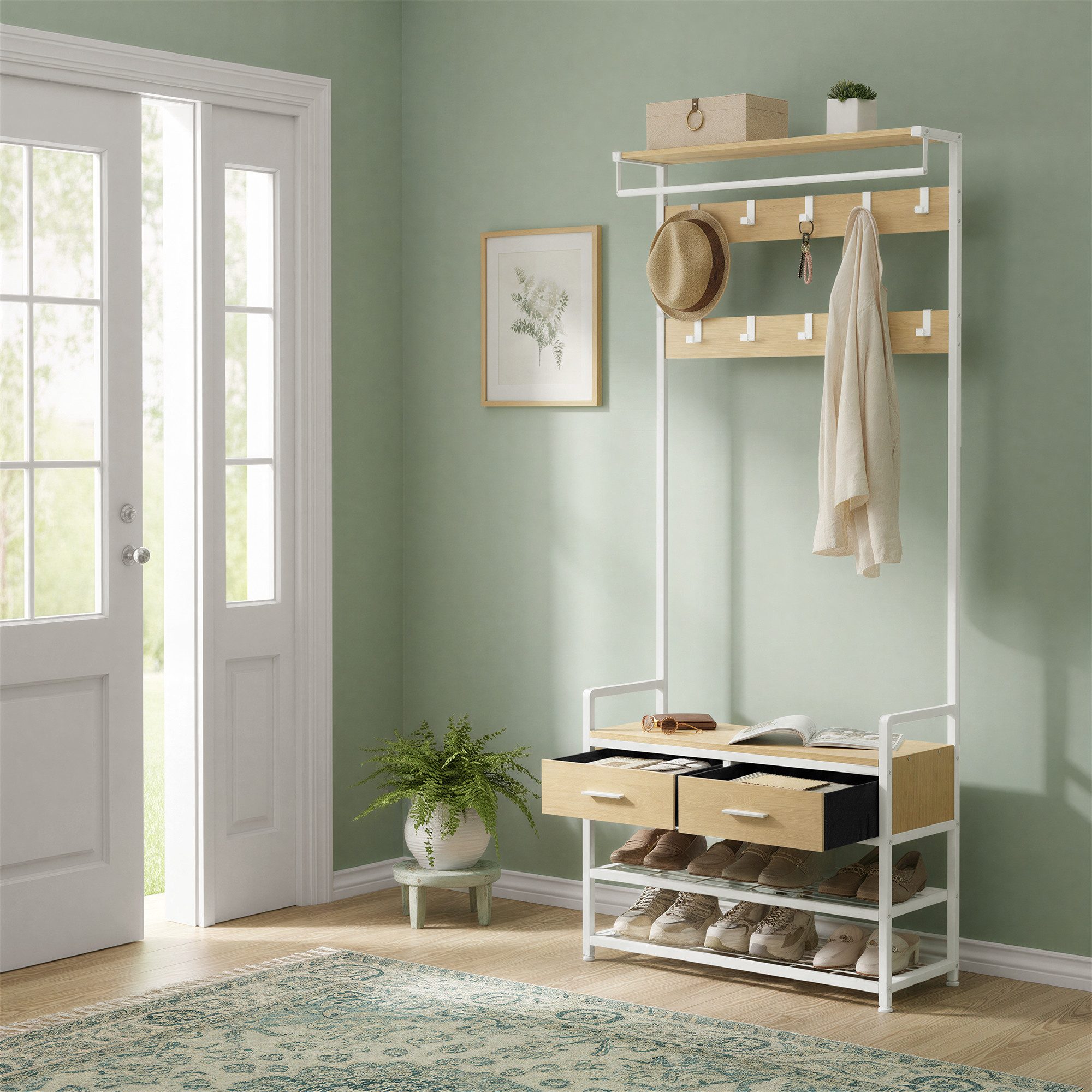 VASAGLE Garderobenständer Garderobe, mit Schuhbank, 2 Schubladen aus Stoff, Trennbares Design