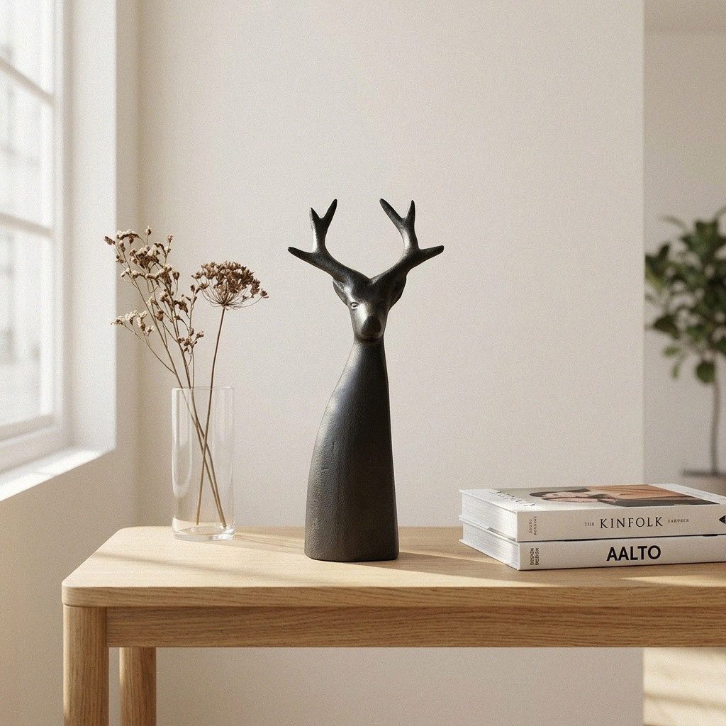 Antikas Wanddekoobjekt Hirschfigur Aluminium stilisiert, schwarz lackiert, H.29 cm