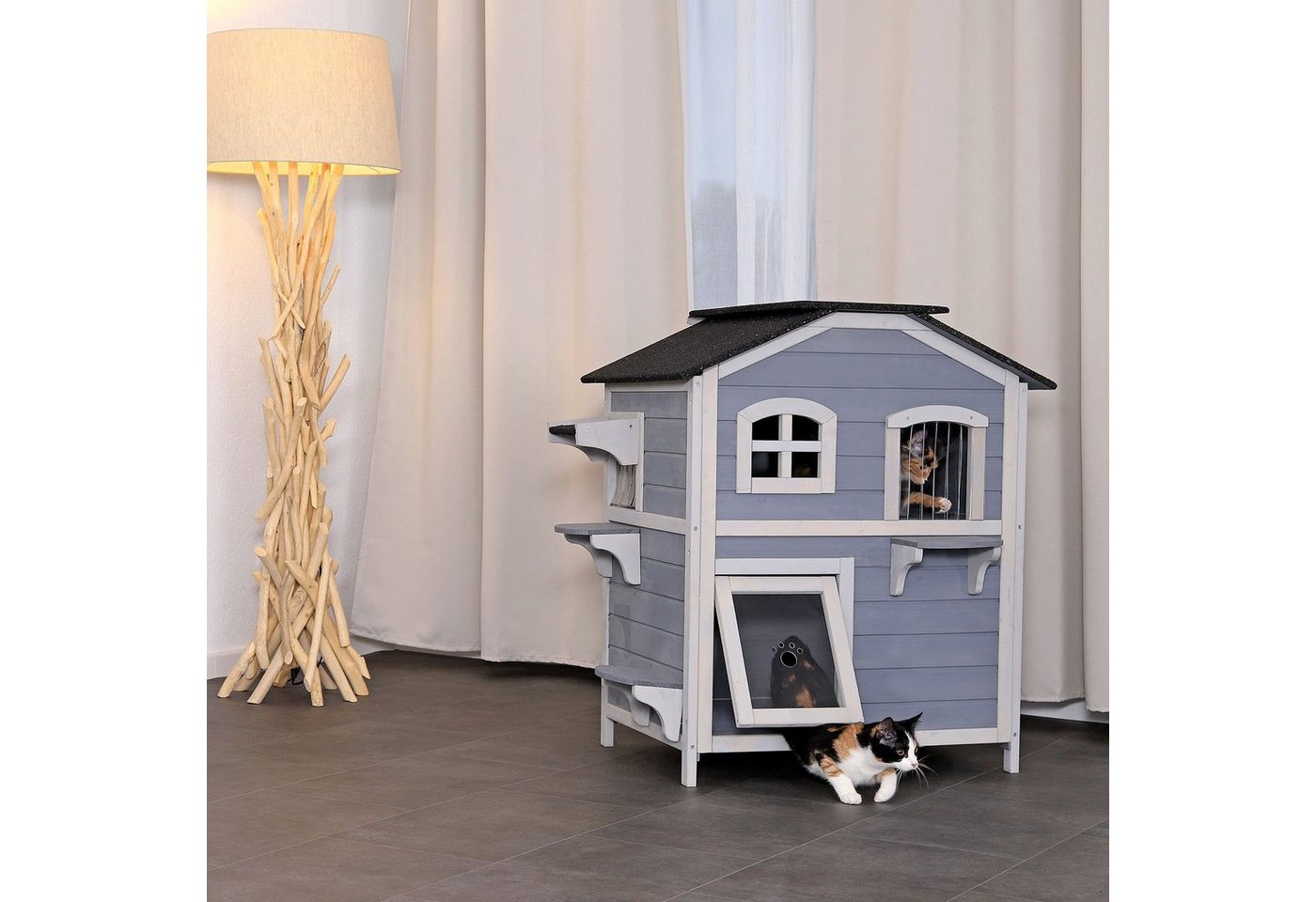Thumbnail - lionto Tierhaus Katzenhaus mit klappbarem Dach, 80 x 55 x 90 cm, grau-weiß, mit klappbarem Dach, wetterfest, 80 cm x 55 ...