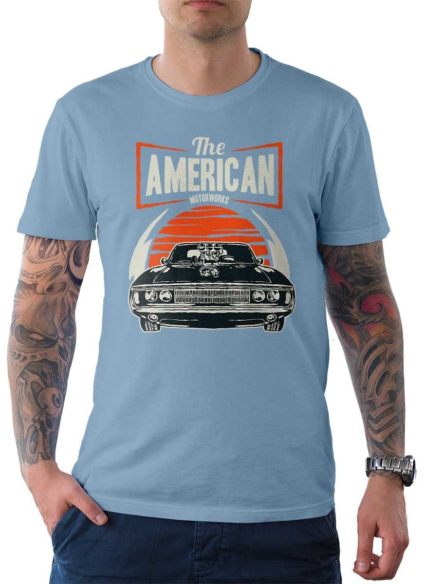 Rebel On Wheels T-Shirt Herren T-Shirt Tee The American mit Auto / US-Car Motiv Hellblau