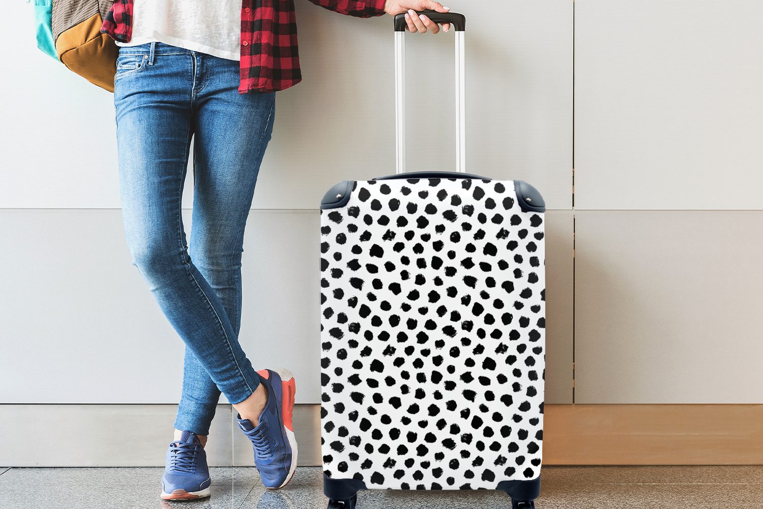 Weiß - Handgepäck dots und rollen, mit Handgepäckkoffer Rollen, Polka Schwarz Muster, für Reisekoffer 4 - Ferien, Reisetasche MuchoWow Trolley,