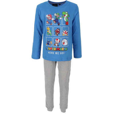 Super Mario Schlafanzug SUPER MARIO Pyjama Kinder Schlafanzug Jungen und Mädchen Lange Hose + Longsleeve Blau/Grau Gr.98 104 110 116 122 128