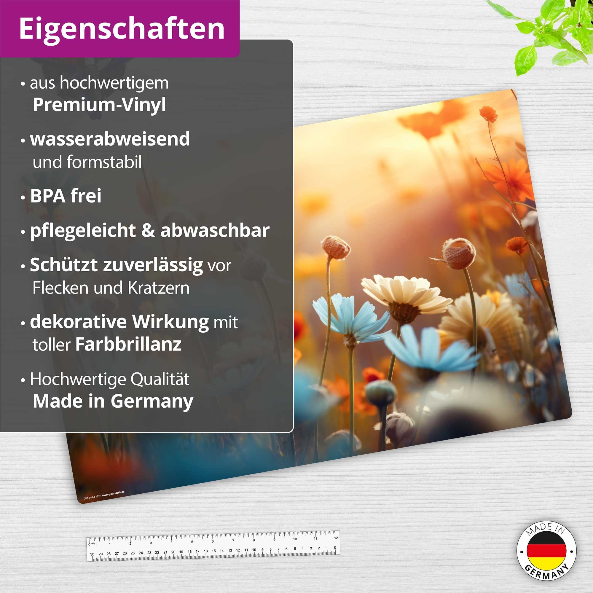 cover-your-desk.de Schreibtischunterlage abwaschbar - Wildblumen Abendlicht - premium Vinyl - Made in Germany, (1 tlg)