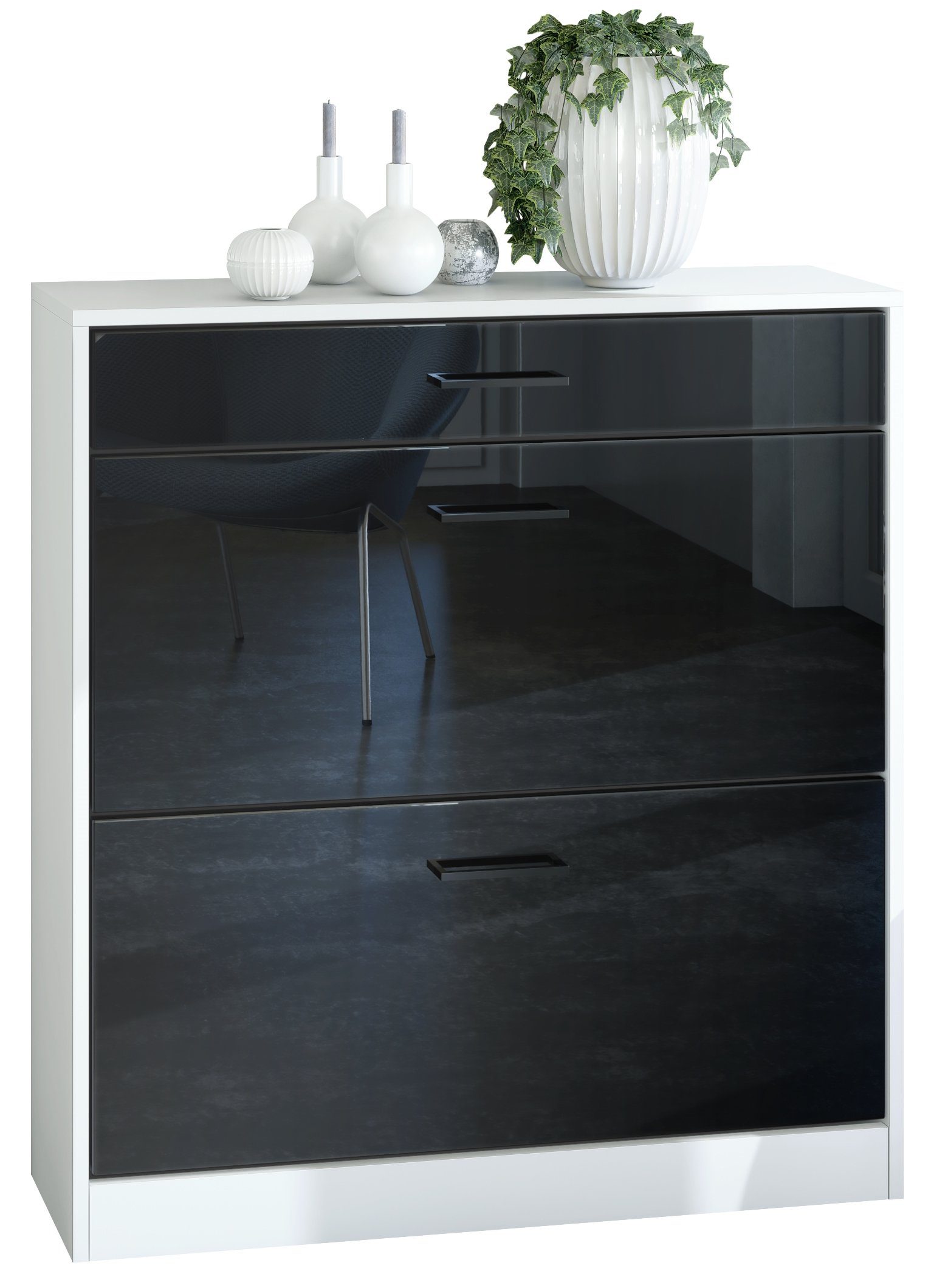 Vladon Schuhschrank Elvas (Schuhkipper, für 16 Paar Schuhe mit 2 Klappen und Schublade) Weiß matt / Schwarz Hochglanz, (89 x 95,5 x 27 cm) Front in Schwarz Hochglanz