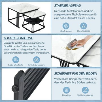 REDOM Couchtisch und 2er Set, Beistelltisch für Schlafzimmer Balkon (2 Tische mit den Maßen, 65x65x45 cm und 45x45x39,5 cm), PVC in Marmoroptik, schwarz matt Stahlrohre