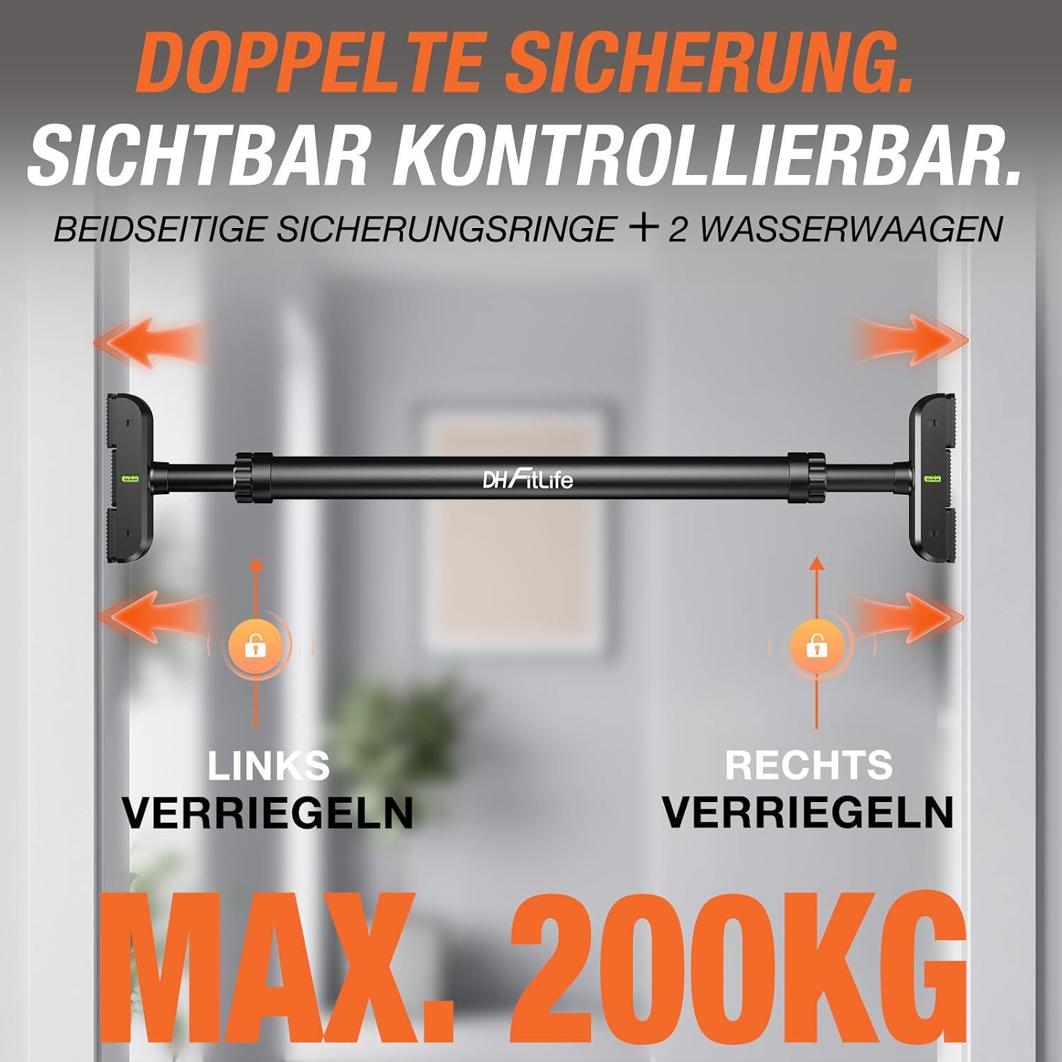 DH FitLife Klimmzugstange Türrahmen ohne Schrauben (Pull up bar Doorway zum Eindrehen, 1-tlg., Türreck für Krafttraining, Reckstange für Tür 72-92cm), Mit Wasse – Bild 2 von 5