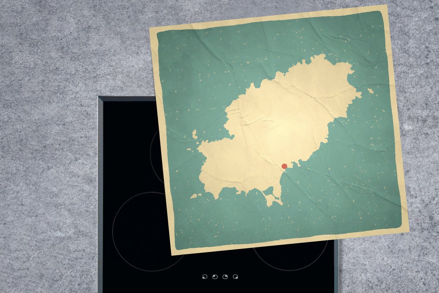 Karte Vinyl, einer aus MuchoWow (1 cm, Ibiza, Illustration Herdblende-/Abdeckplatte für Ceranfeldabdeckung, 78x78 tlg), küche gelben Arbeitsplatte
