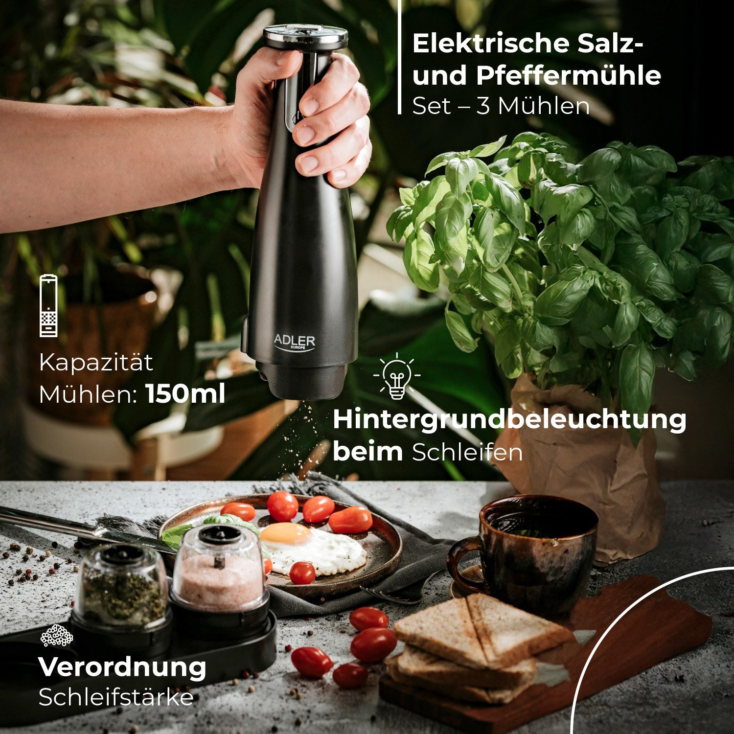 Adler Salz-/Pfeffermühle Adler Elektrische Salz- und Pfeffermühle Set 3 Mühlen USB Schwarz