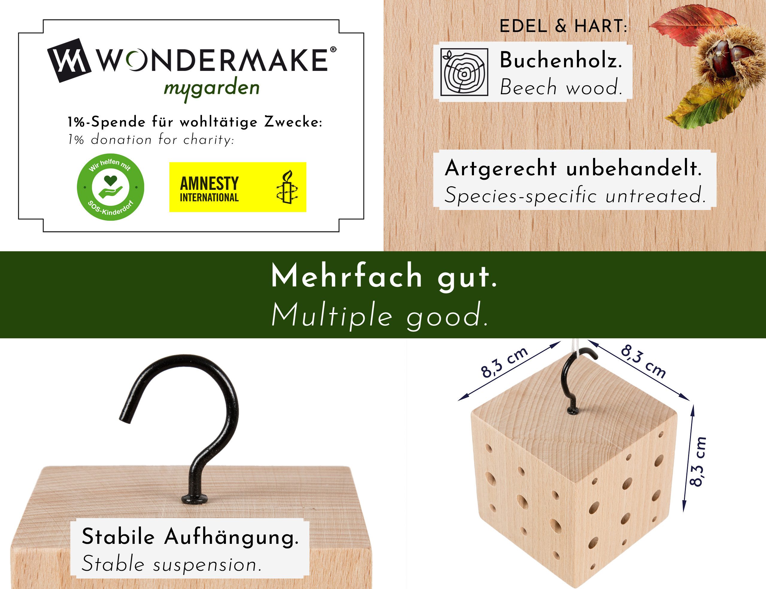 WONDERMAKE Insektenhotel 3er Set aus Holz, Bienenhotel Bienenhaus Insektenhaus Wildbienenhotel, Nisthilfe für Wildbienen, klein hängend für Balkon, Holz unbehandelt