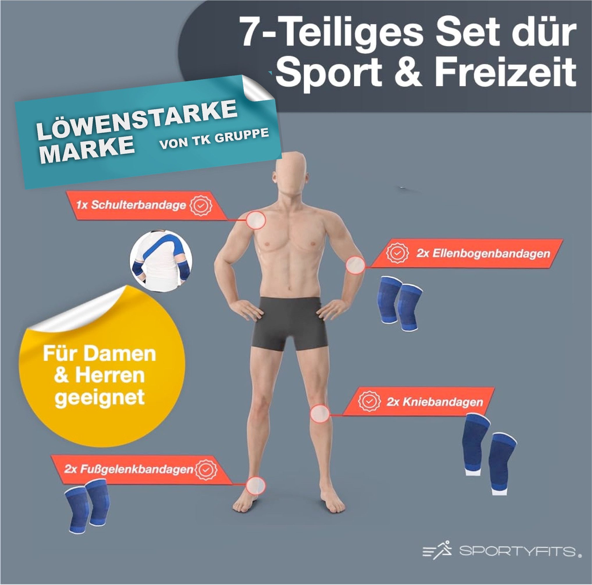 Sportyfits® Bandage Bandagen Set 7 Teilig mit Ellenbogen-, Fuß-, Schulter- und Kniebandage (7er Set, 7-tlg., 7-teilig)