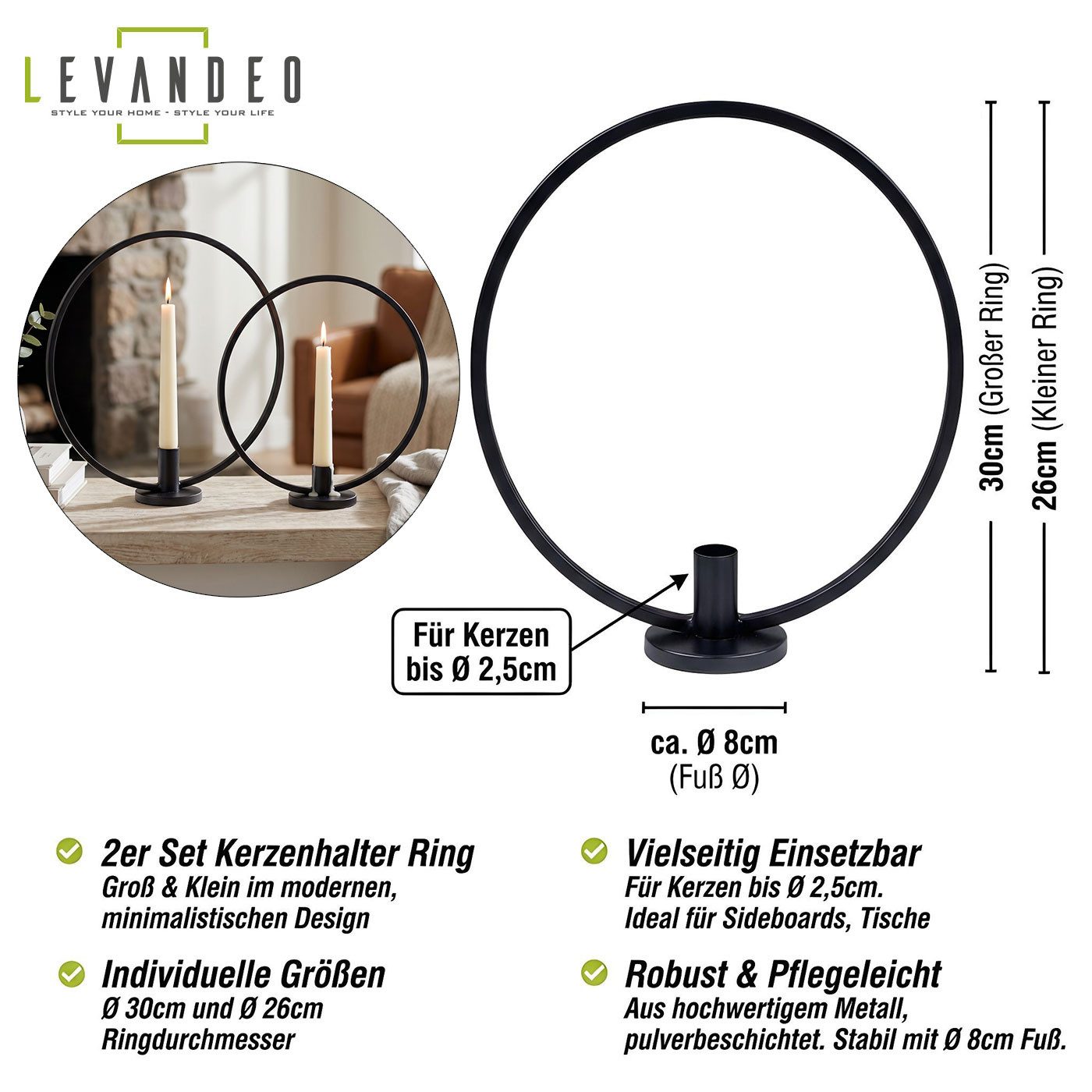 Levandeo® Kerzenständer 2er Set Kerzenhalter Ring Metall Stabkerzenhalter Tischdeko Kerzenstän (2 St)