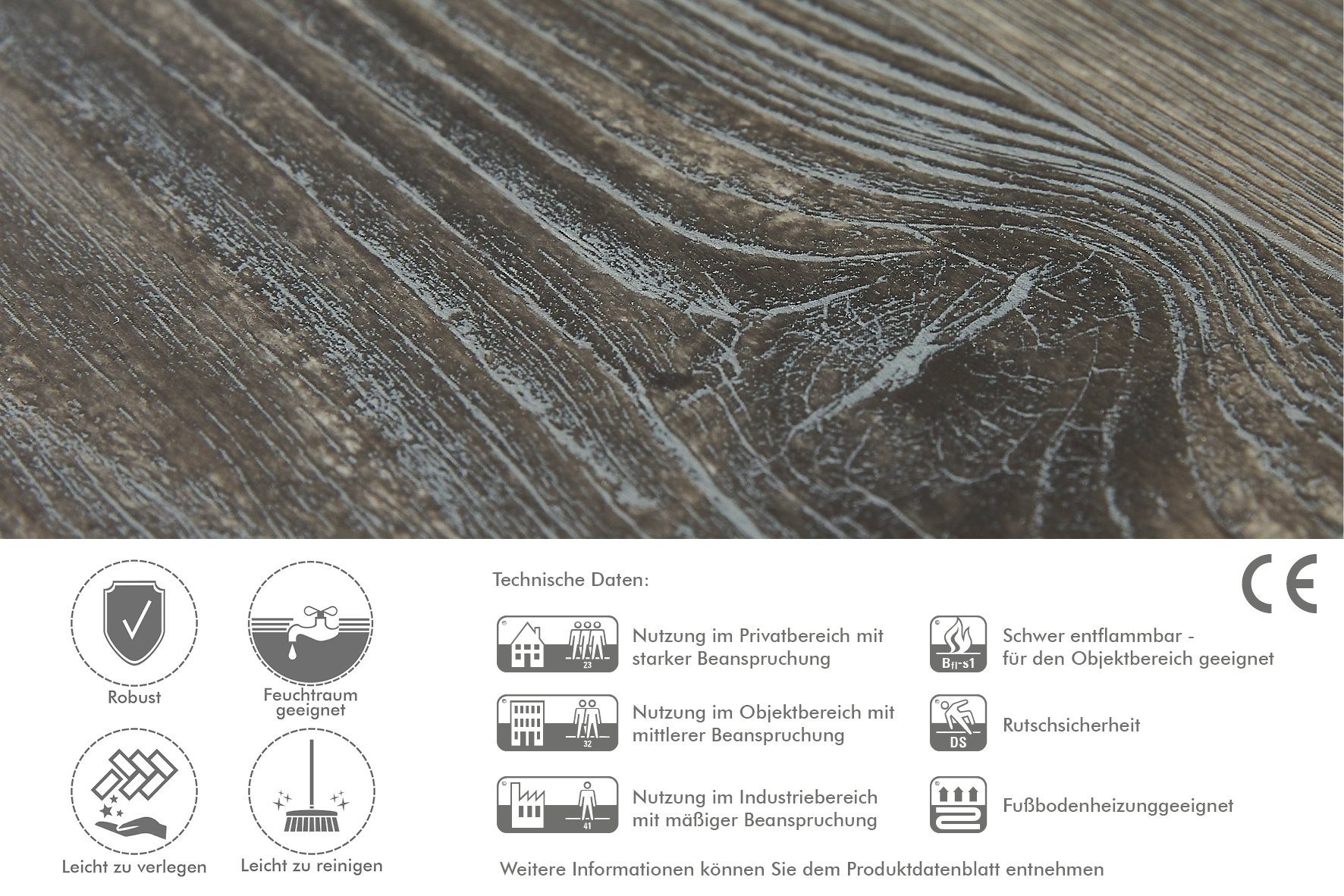 Andiamo Vinylboden Holzoptik 4 Eiche, geeignet Landhausdiele, Fußbodenheizung pflegeleicht, Landhausdielen Grau-Braun Optik robust