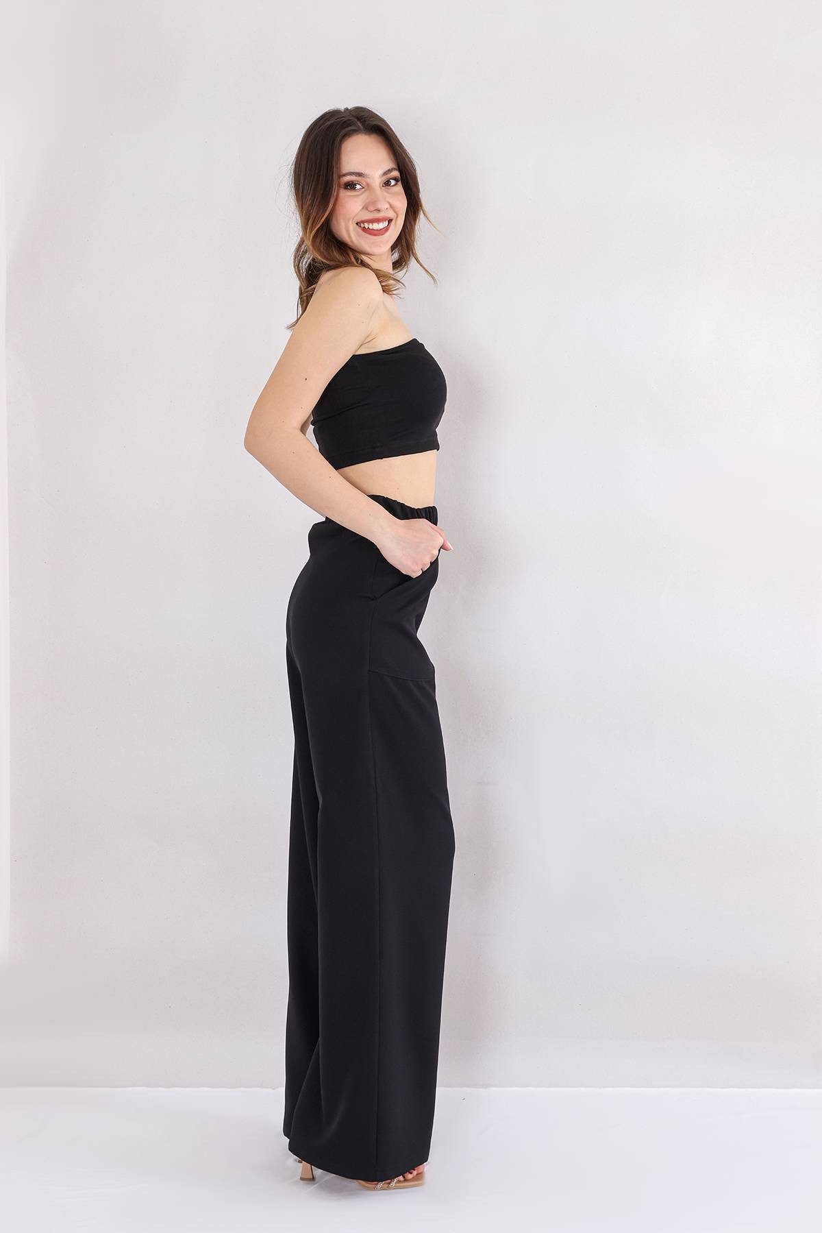 fashionshowcase Schlupfhose Damen High Waist Marlenehose weit elastisch Taschen – Bild 4 von 4